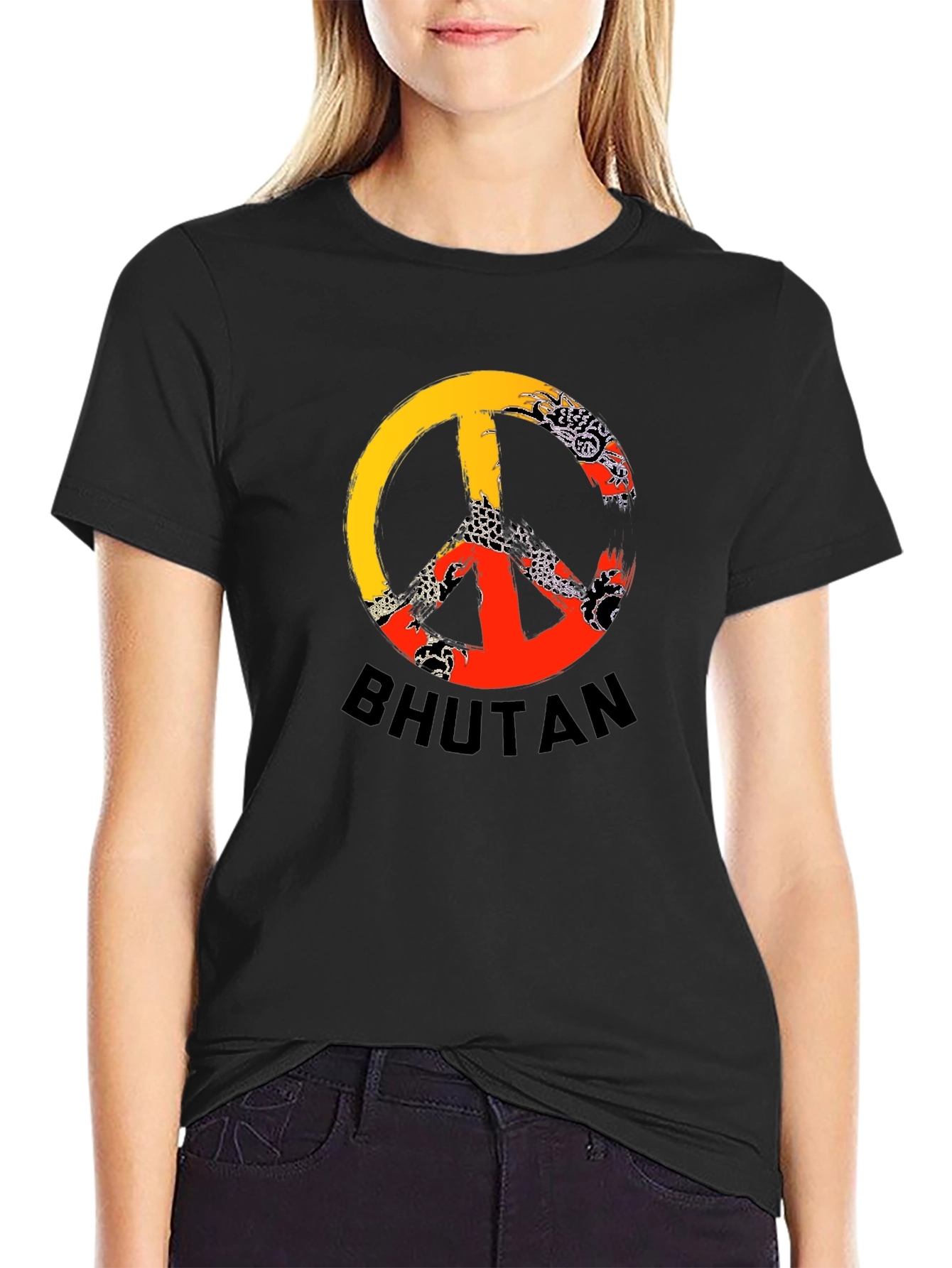 Bhutan Flag Peace Sign Graphic T-Shirt