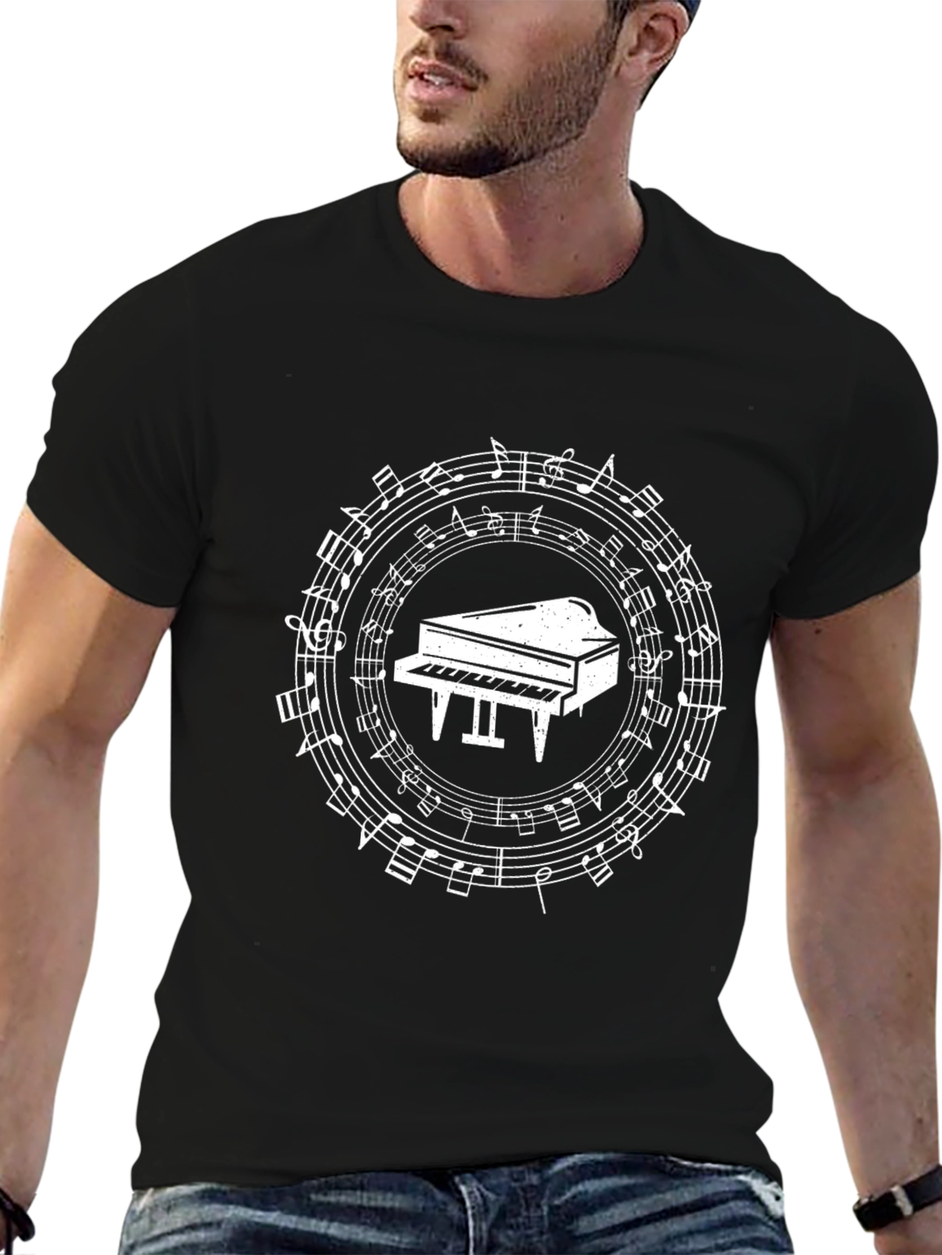 Musical Piano Graphic Tee - Black Cotton T-Shirt