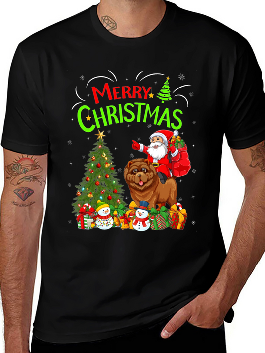 Festive Christmas T-Shirt with Santa and Chow Chow Dog