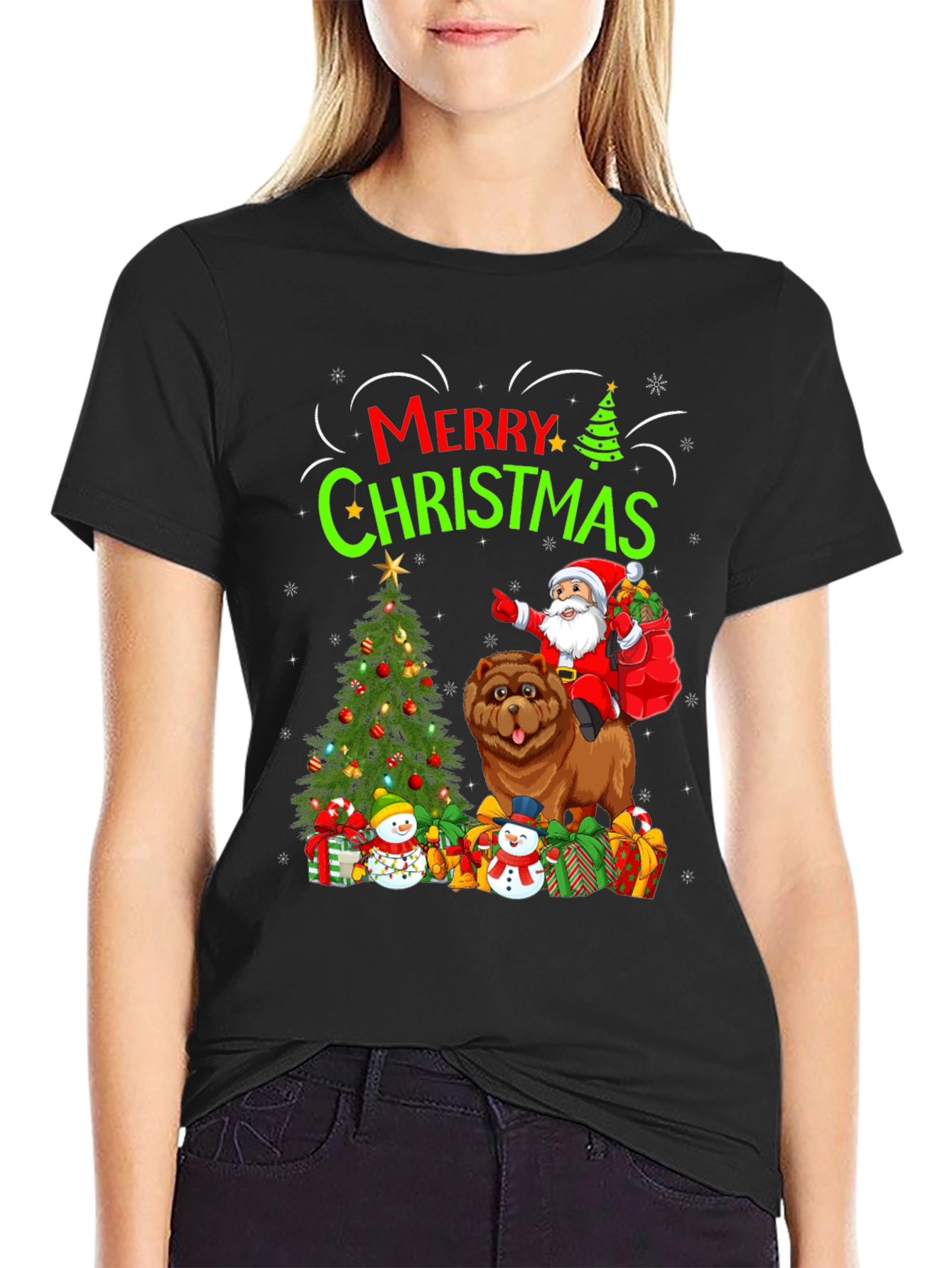 Festive Christmas T-Shirt with Santa and Chow Chow Dog