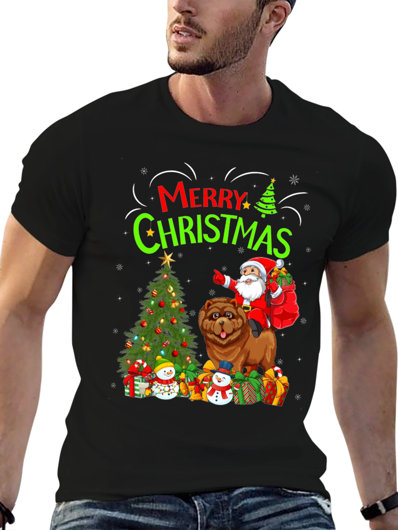 Festive Christmas T-Shirt with Santa and Chow Chow Dog