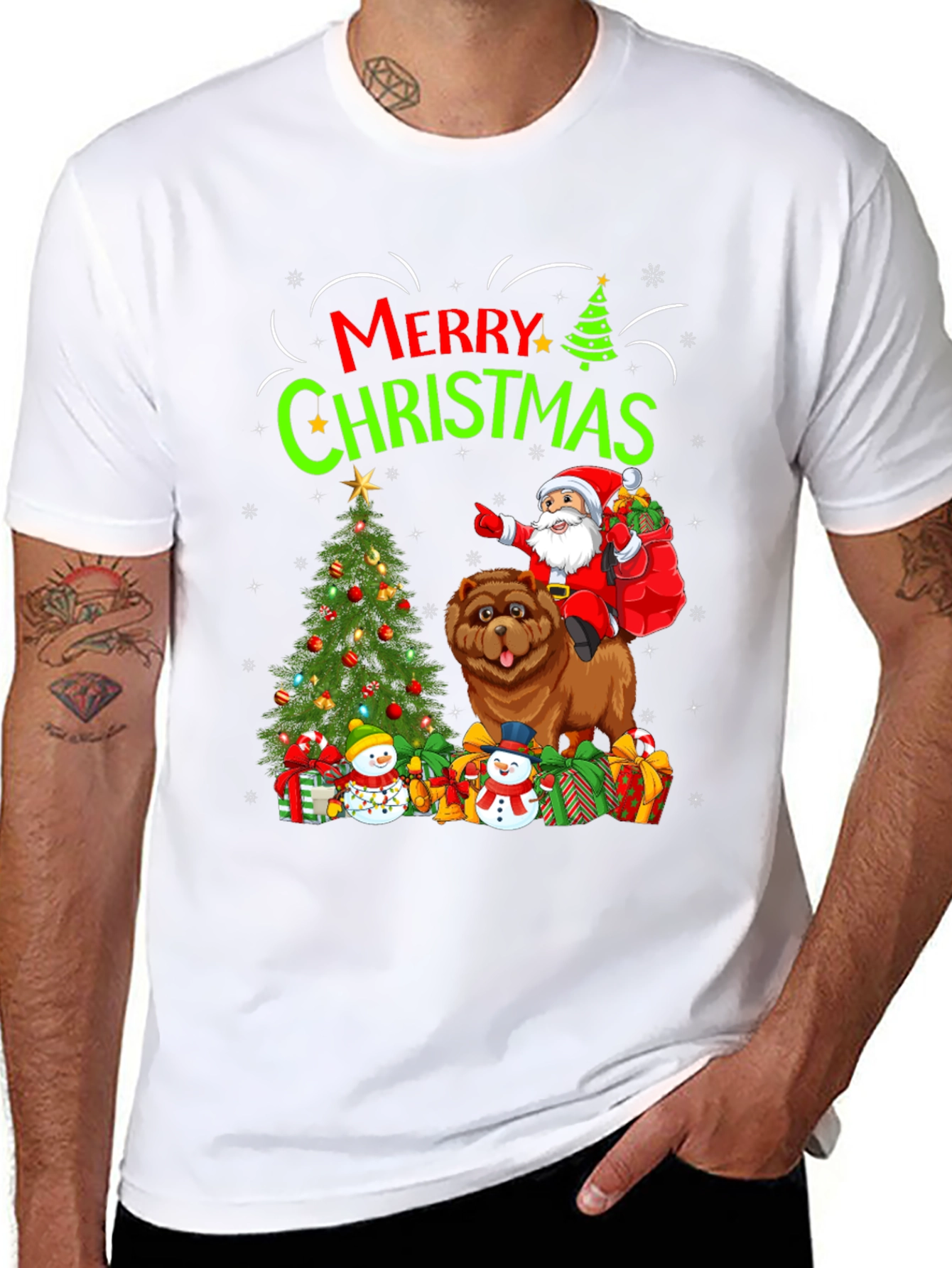 Festive Christmas T-Shirt with Santa and Chow Chow Dog