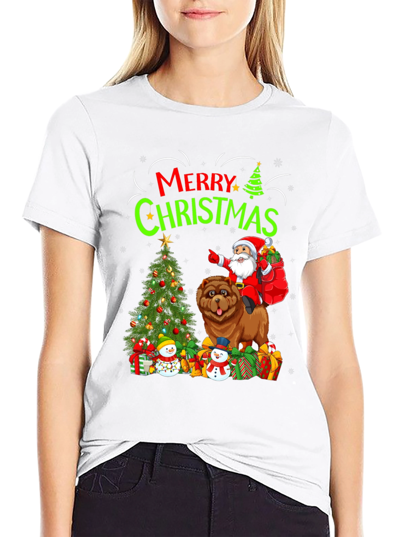 Festive Christmas T-Shirt with Santa and Chow Chow Dog