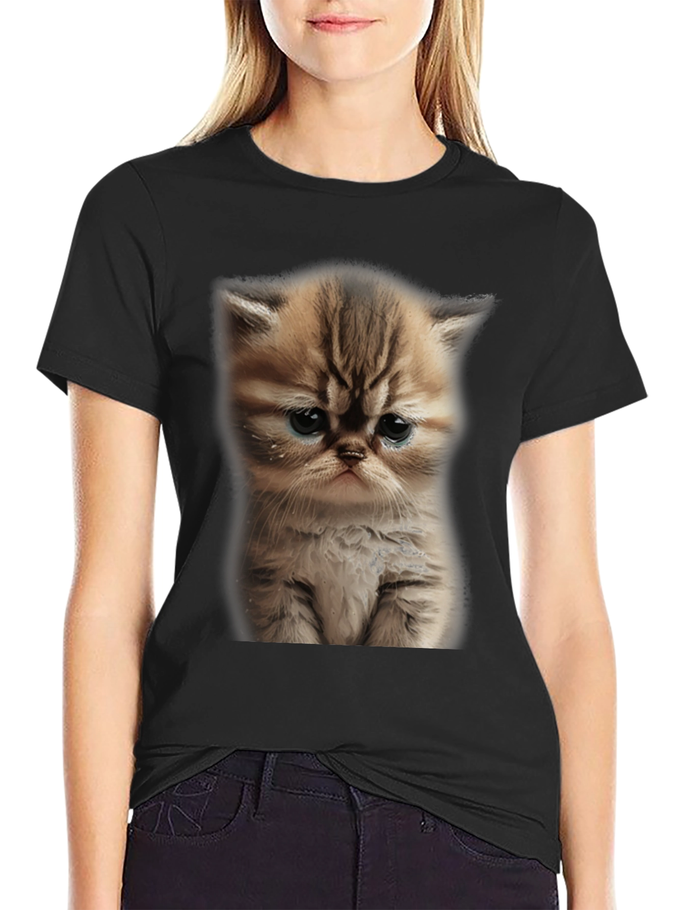 Sad Cat Graphic Tee - Black T-Shirt