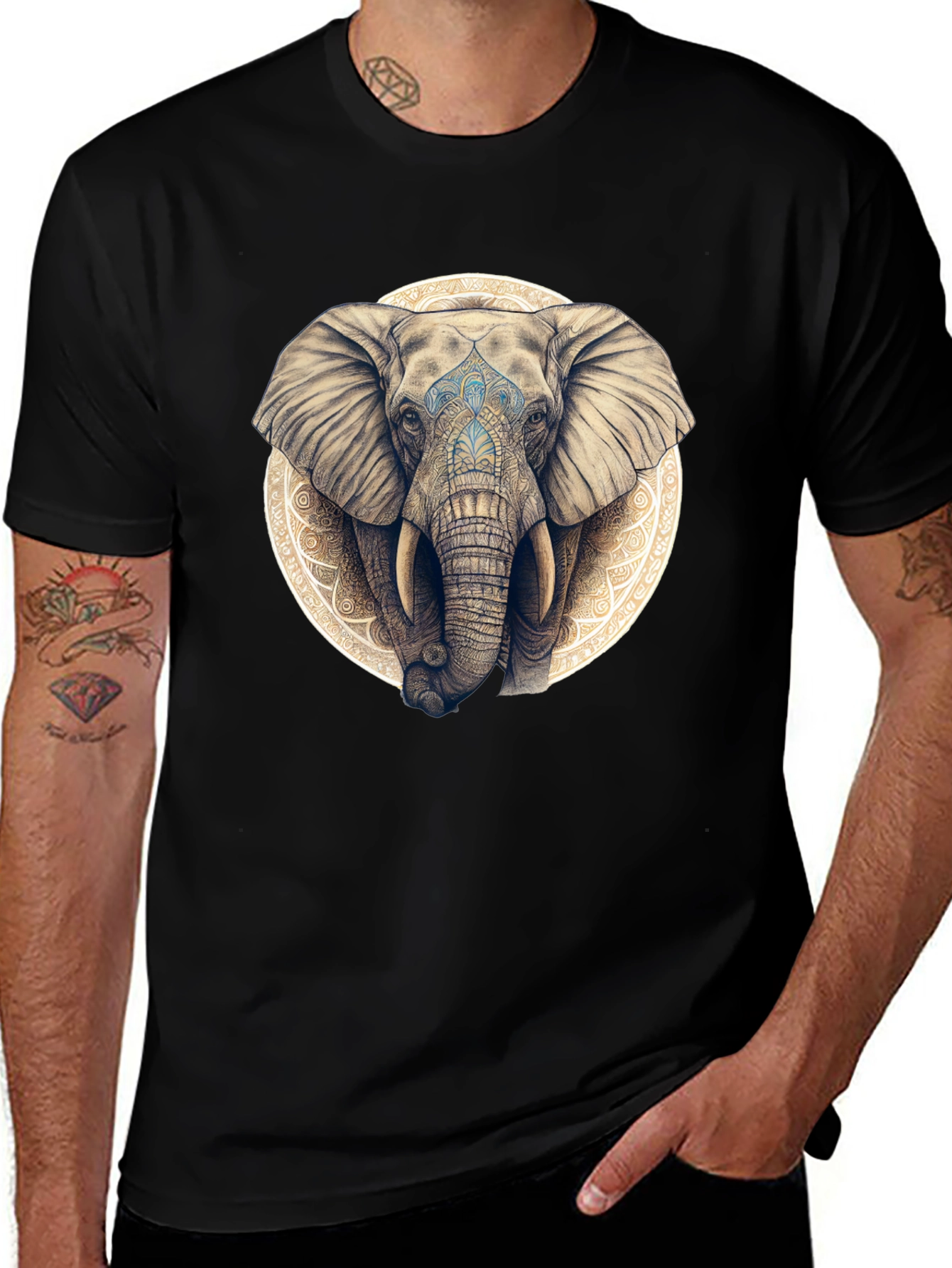 Elephant Mandala Graphic Tee - Black