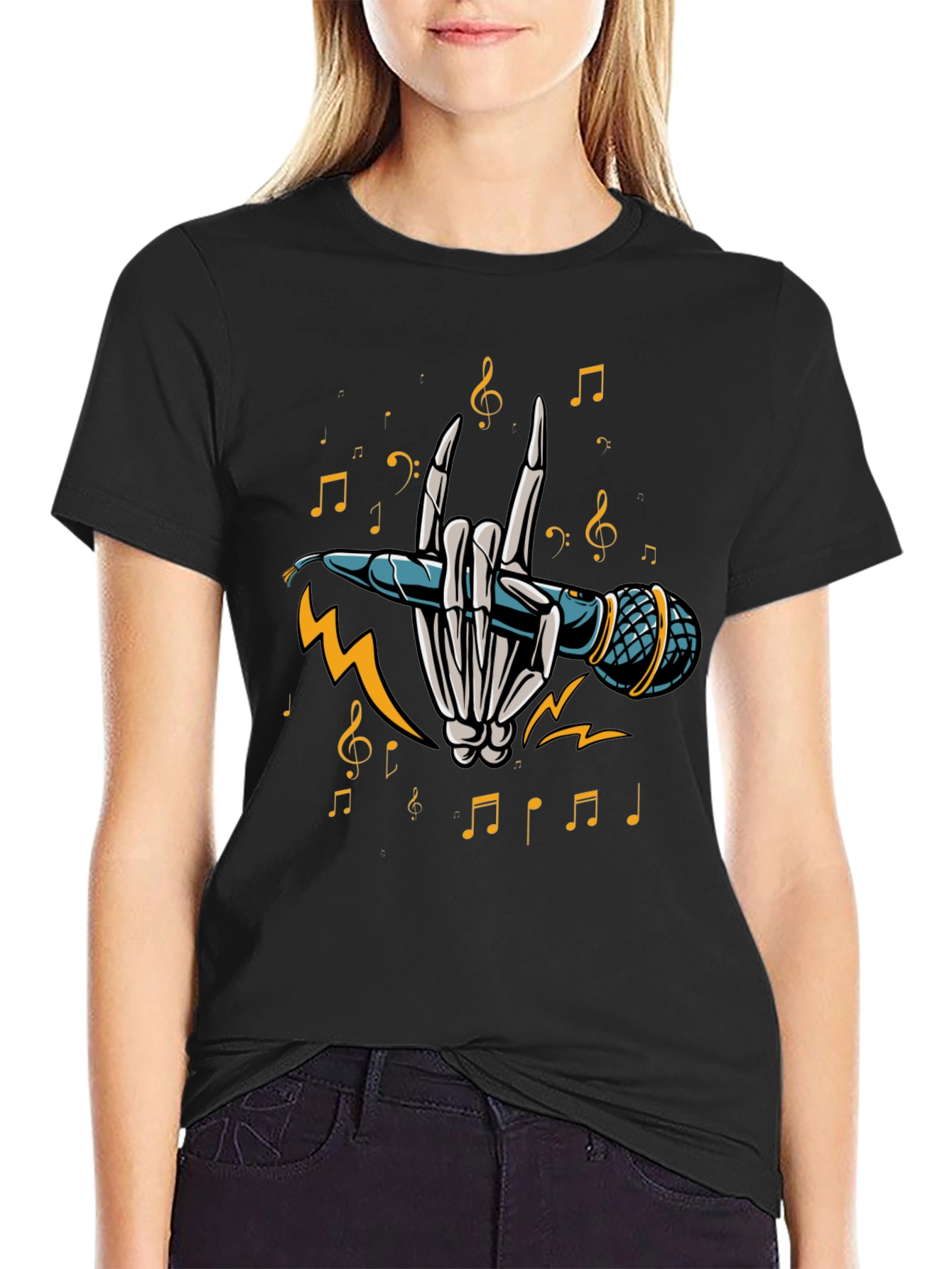 Rock On Skeleton Hand Holding Microphone T-Shirt
