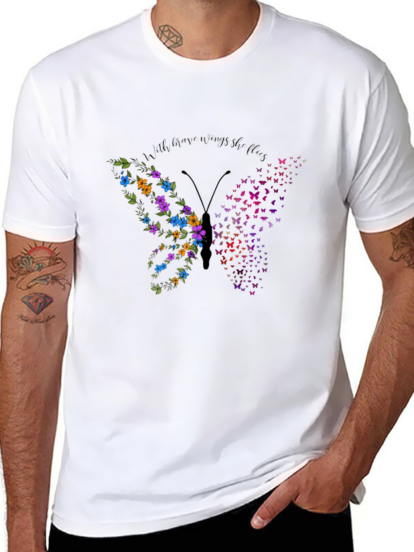 Butterfly Flower Graphic Mens Black T-Shirt