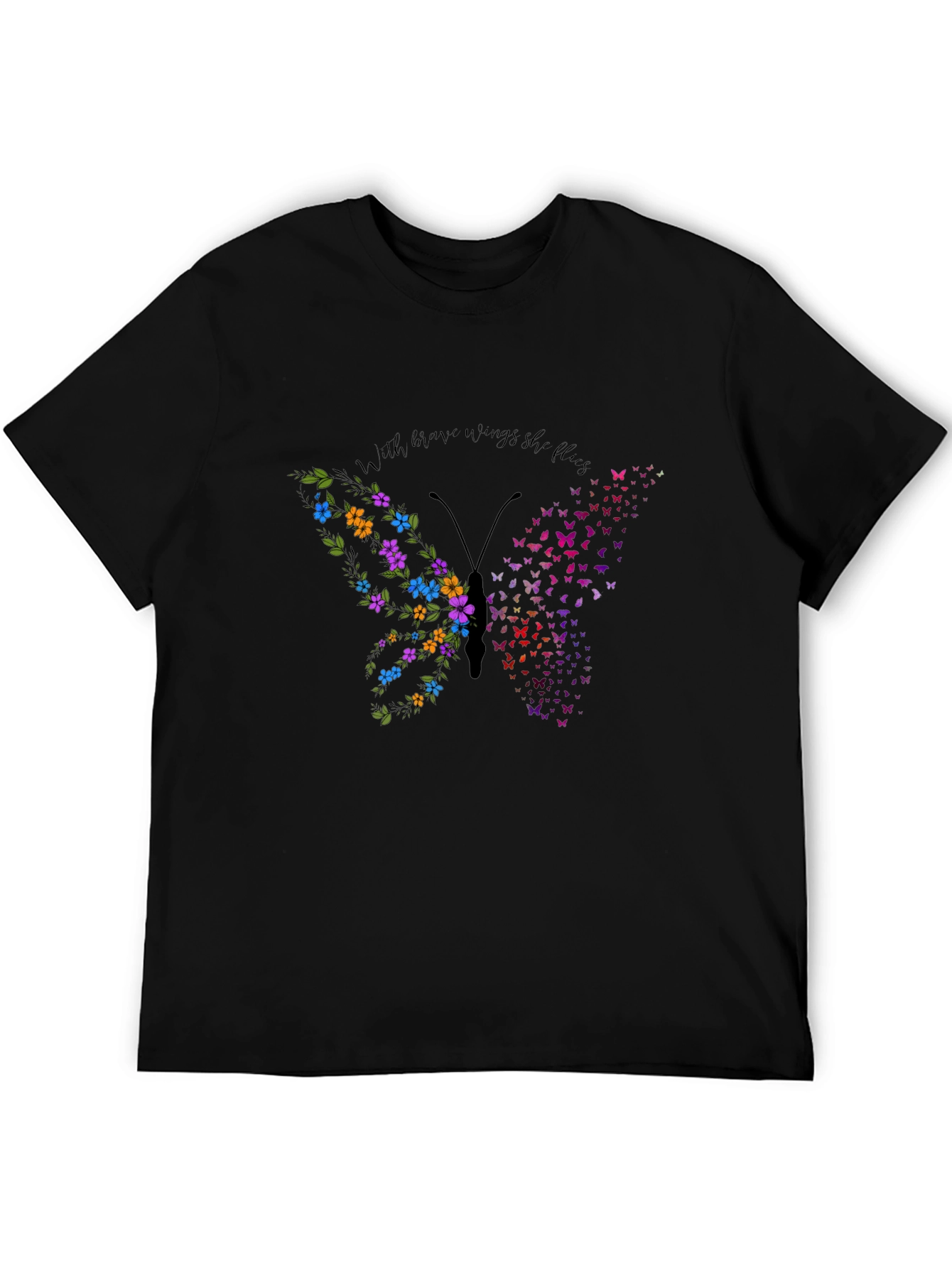 Butterfly Flower Graphic Mens Black T-Shirt