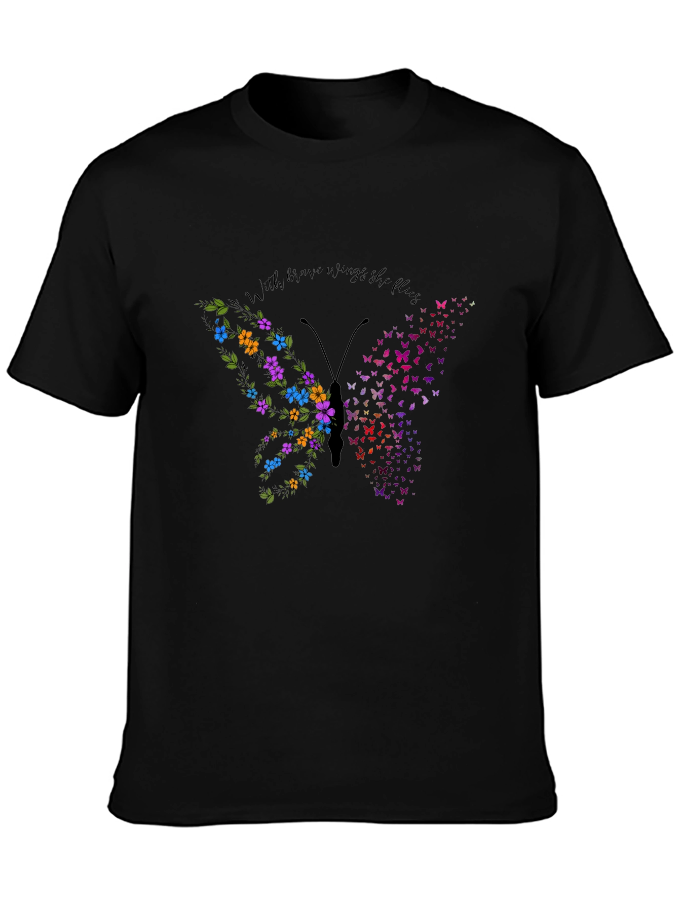 Butterfly Flower Graphic Mens Black T-Shirt