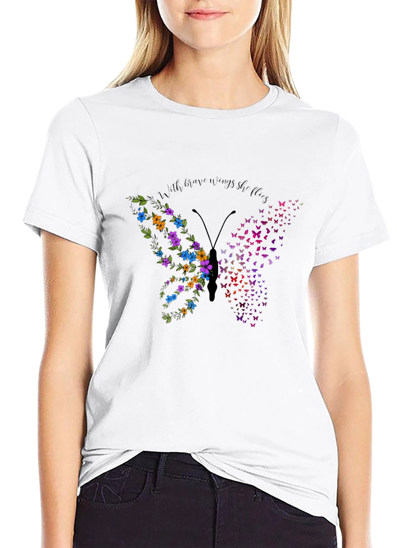 Butterfly Flower Graphic Mens Black T-Shirt