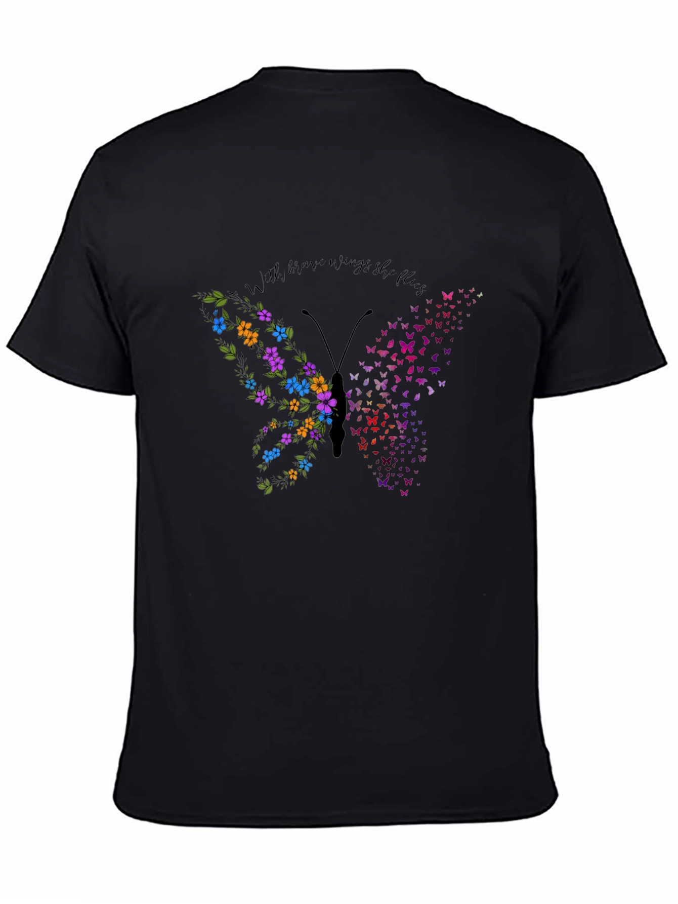 Butterfly Flower Graphic Mens Black T-Shirt
