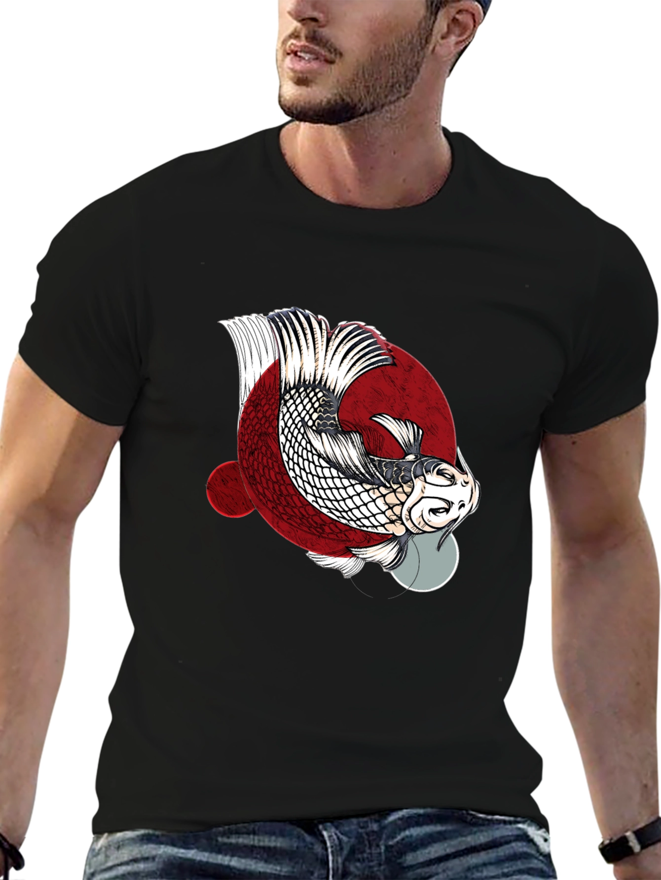 Koi Fish Graphic Print Crew Neck T-Shirt
