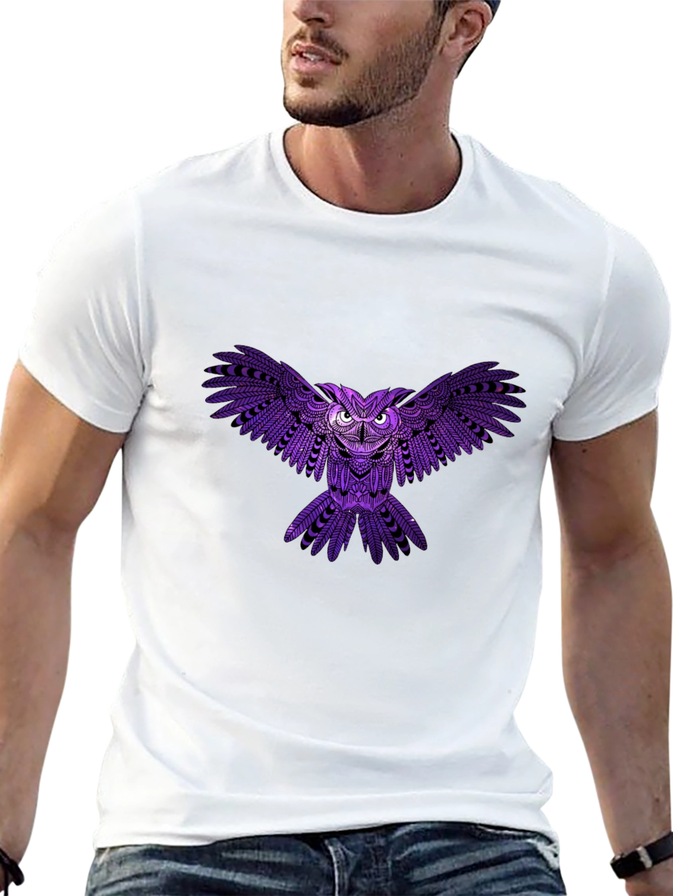 Mens Black T-Shirt with Purple Owl Design