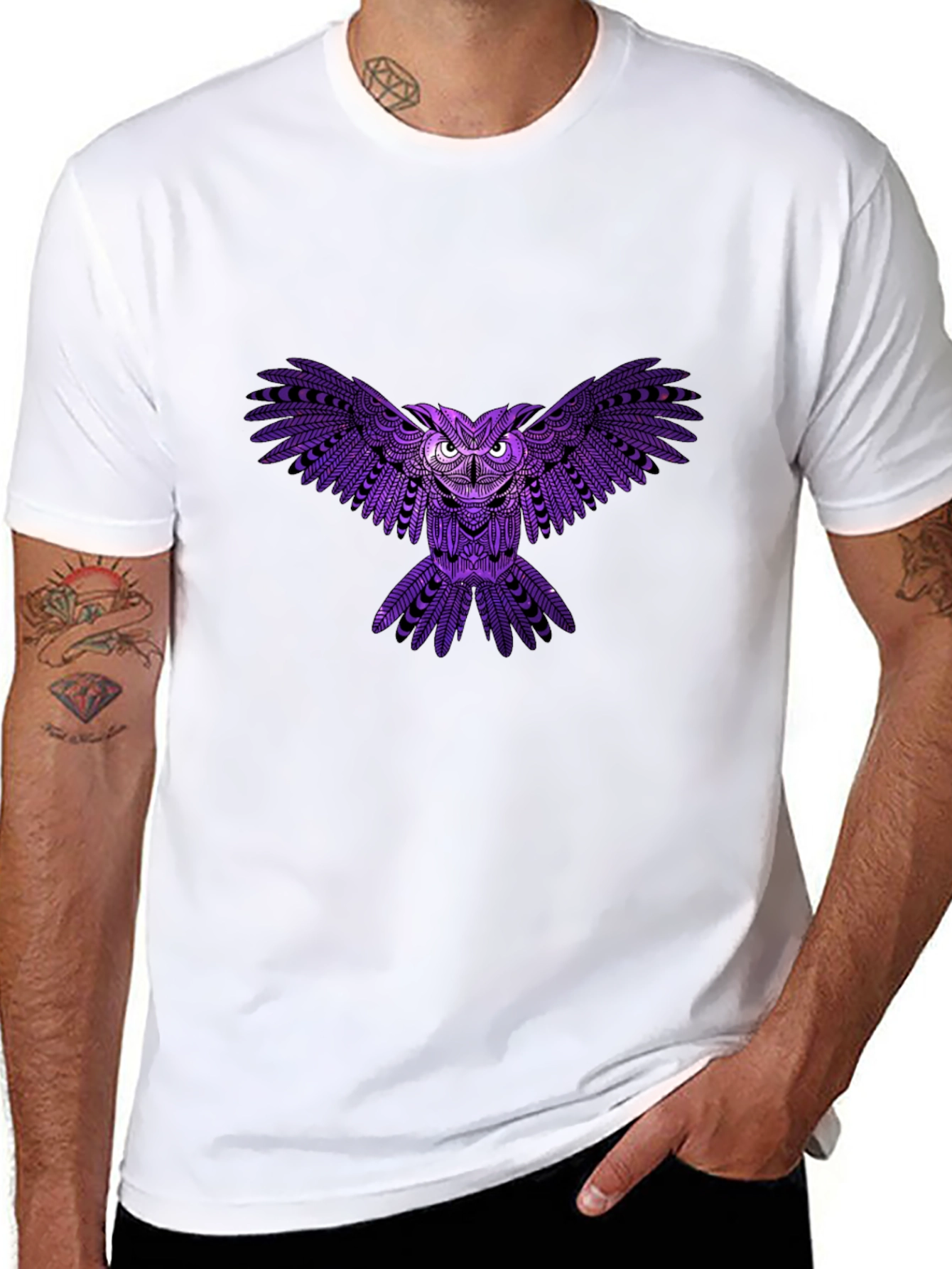 Mens Black T-Shirt with Purple Owl Design