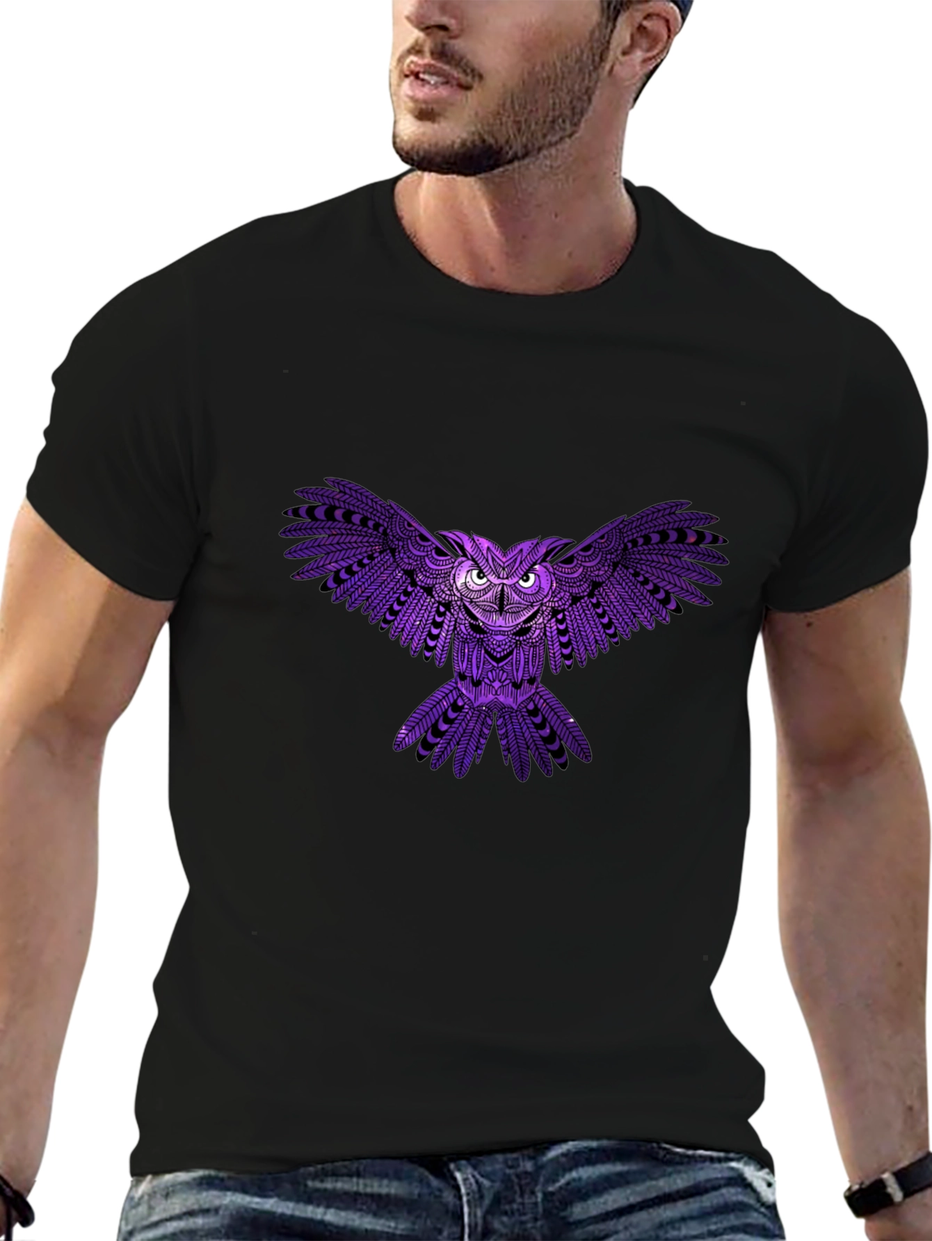 Mens Black T-Shirt with Purple Owl Design