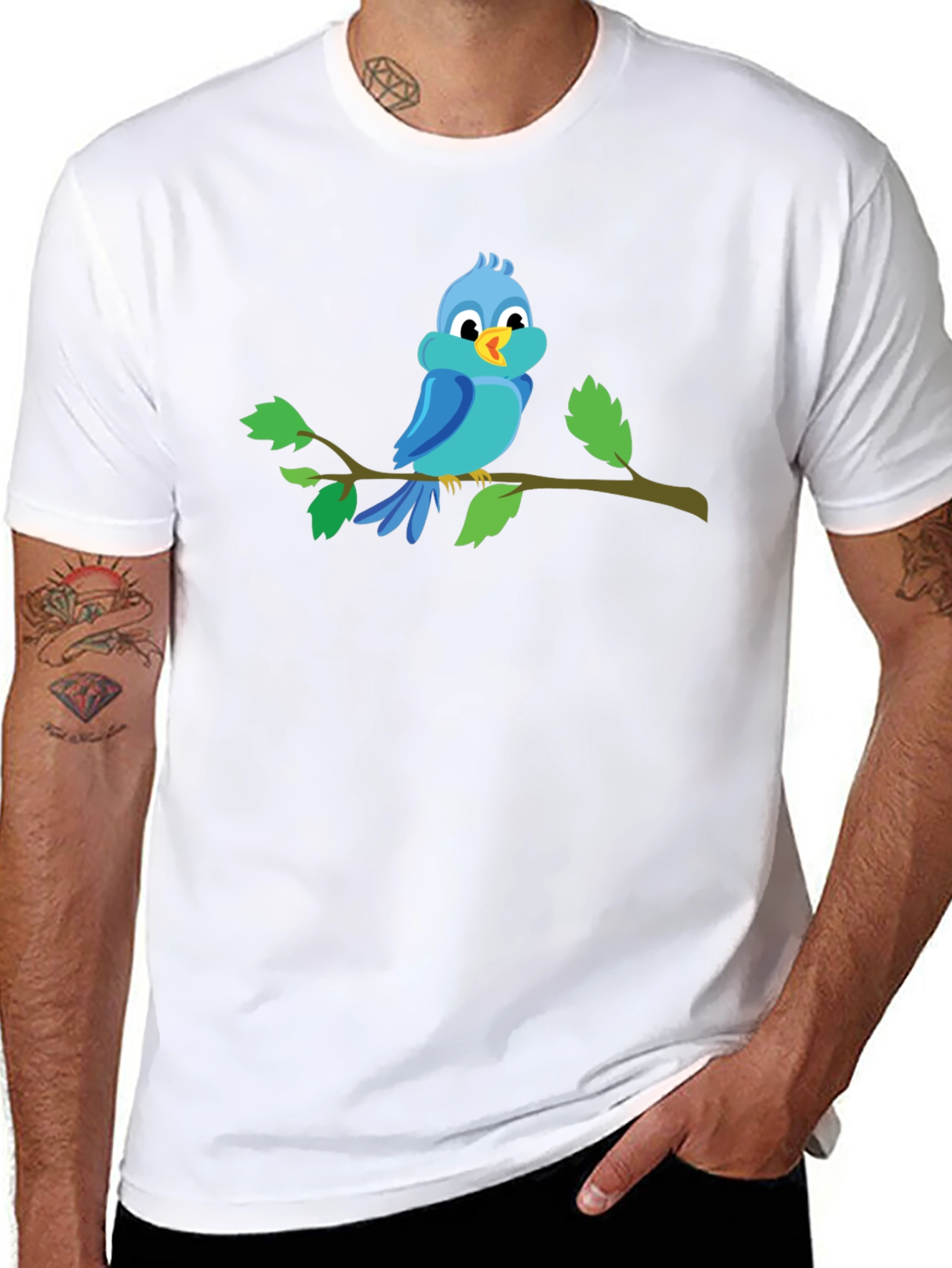 Blue Bird on Branch Black T-Shirt