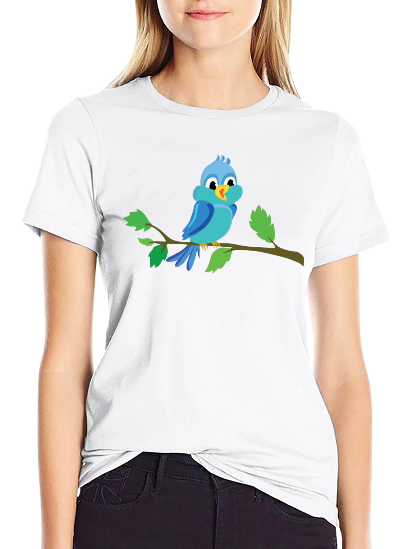 Blue Bird on Branch Black T-Shirt