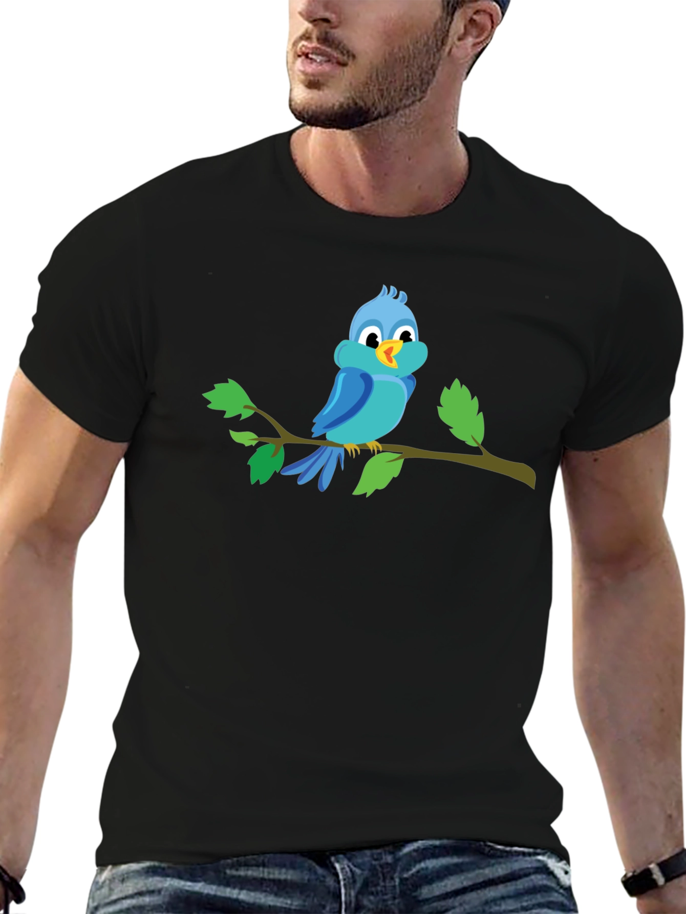 Blue Bird on Branch Black T-Shirt