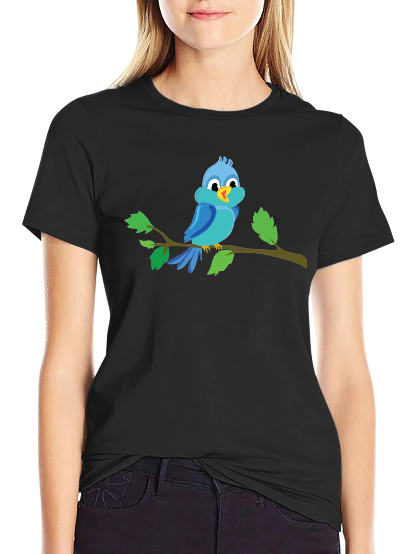 Blue Bird on Branch Black T-Shirt