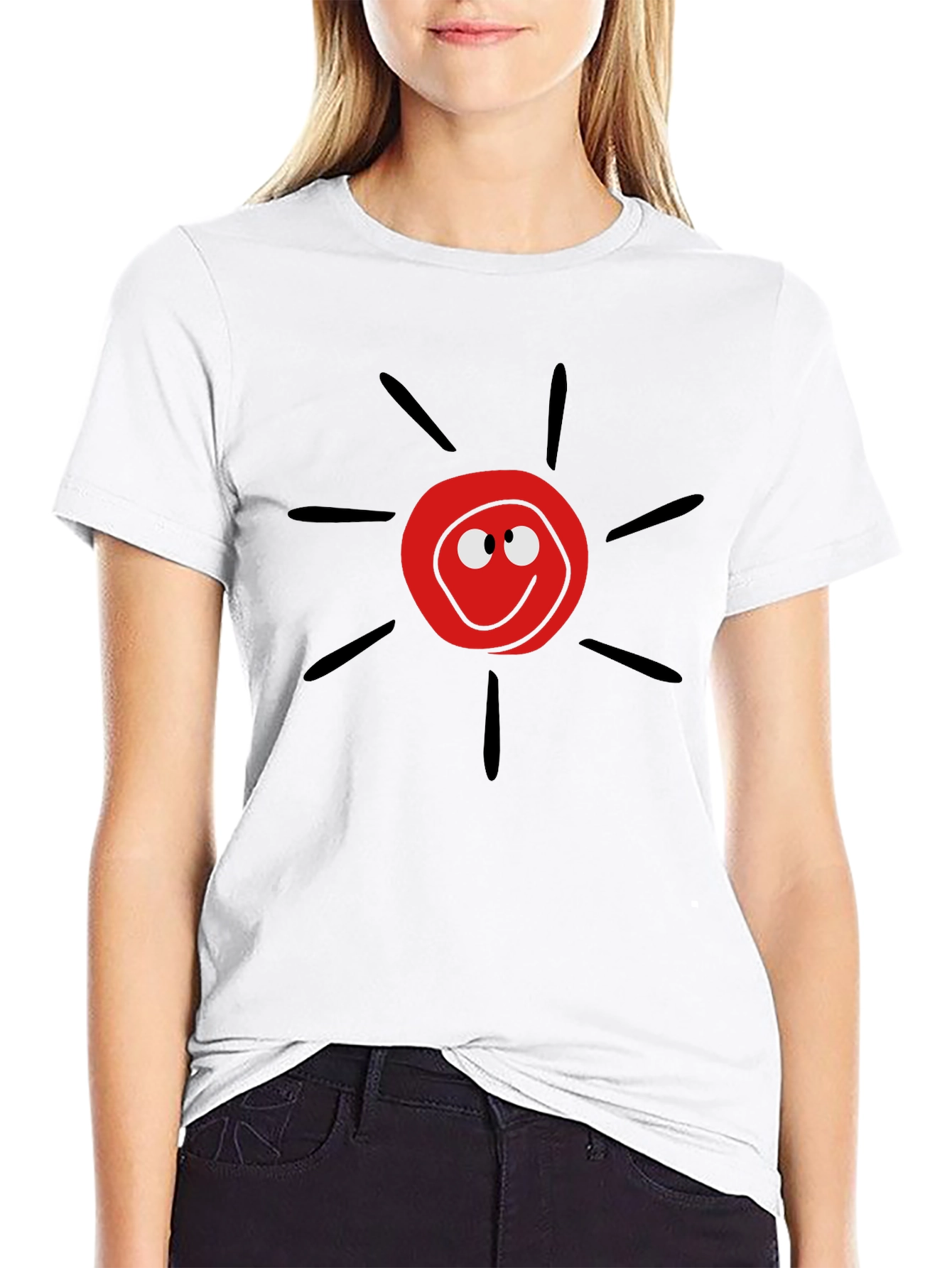 Cartoon Sun Graphic Tee - Black Casual T-Shirt