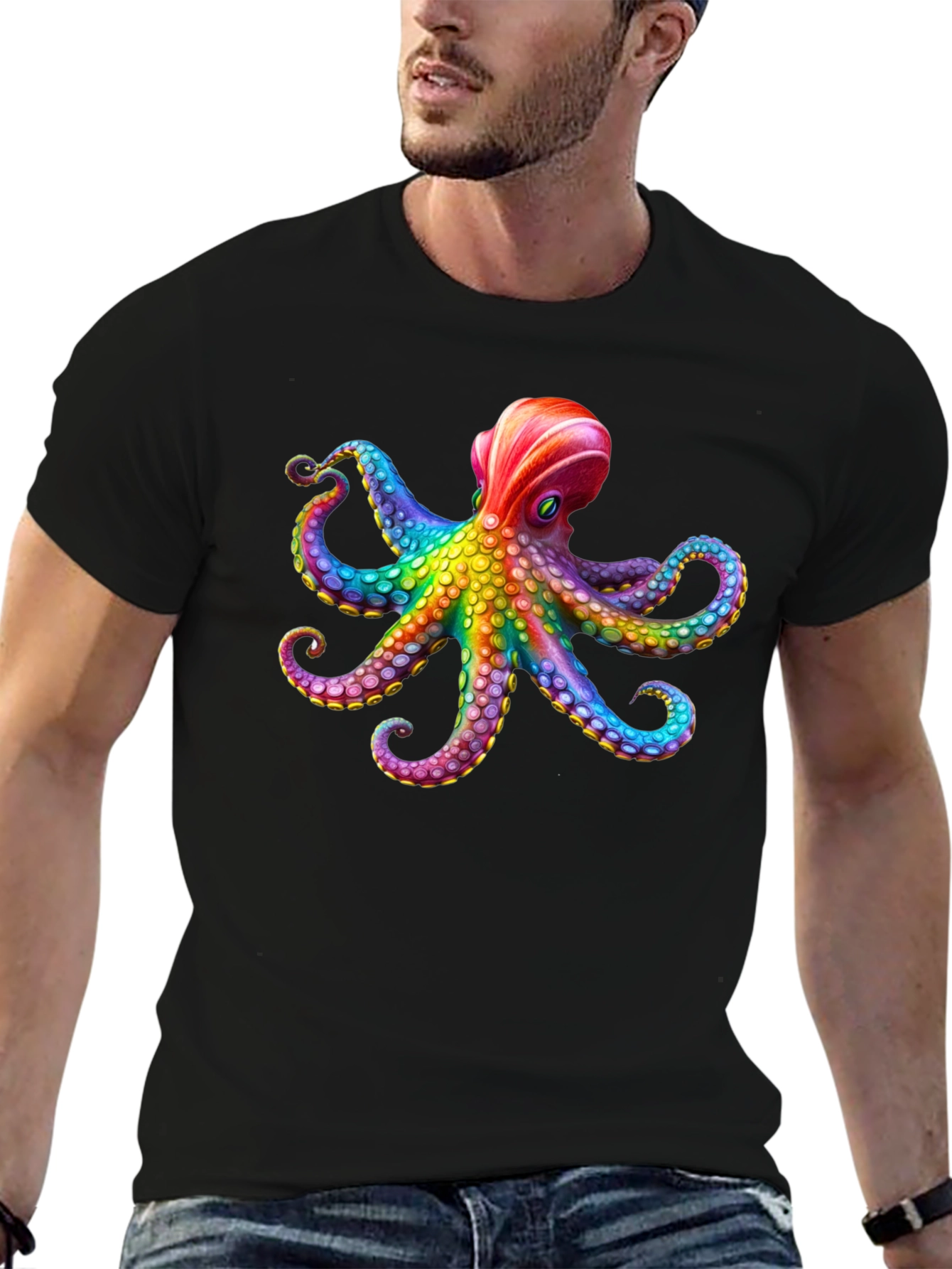 Rainbow Octopus Graphic Black T-Shirt