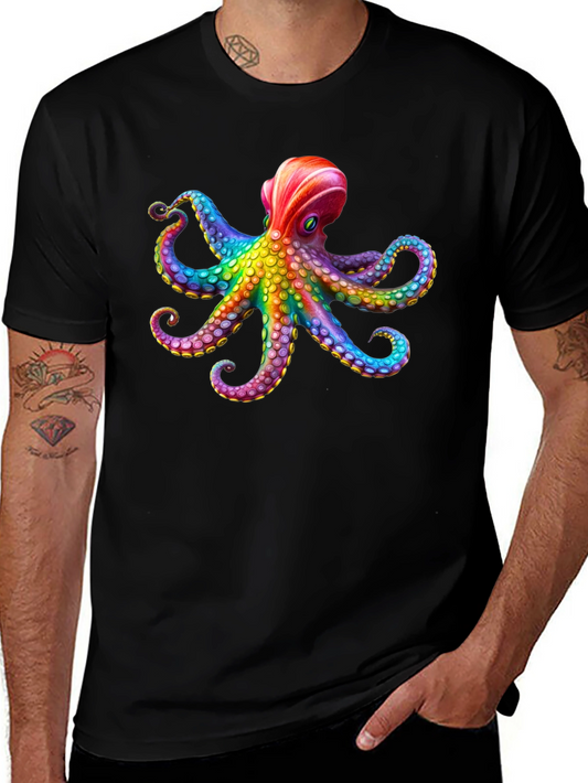 Rainbow Octopus Graphic Black T-Shirt