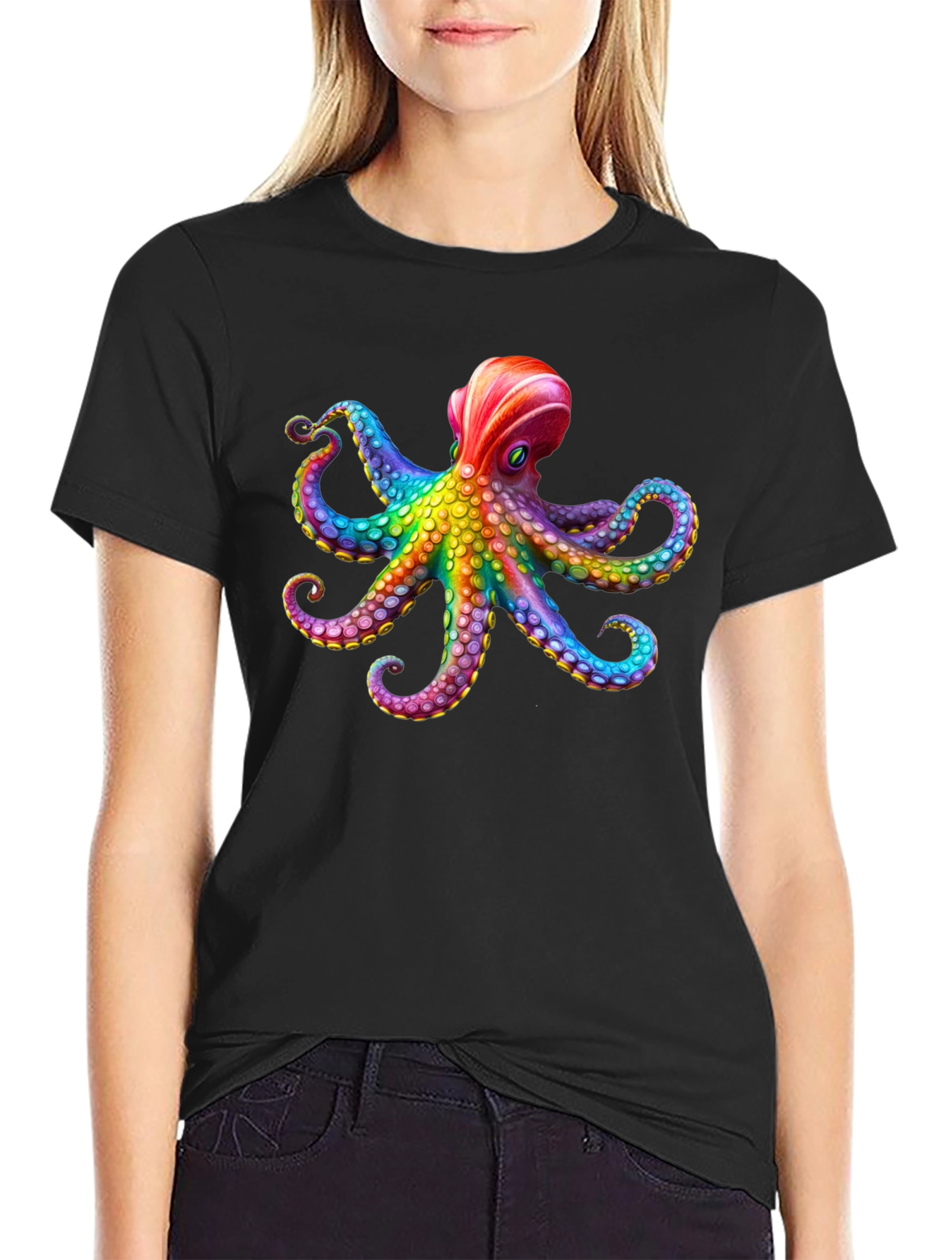 Rainbow Octopus Graphic Black T-Shirt