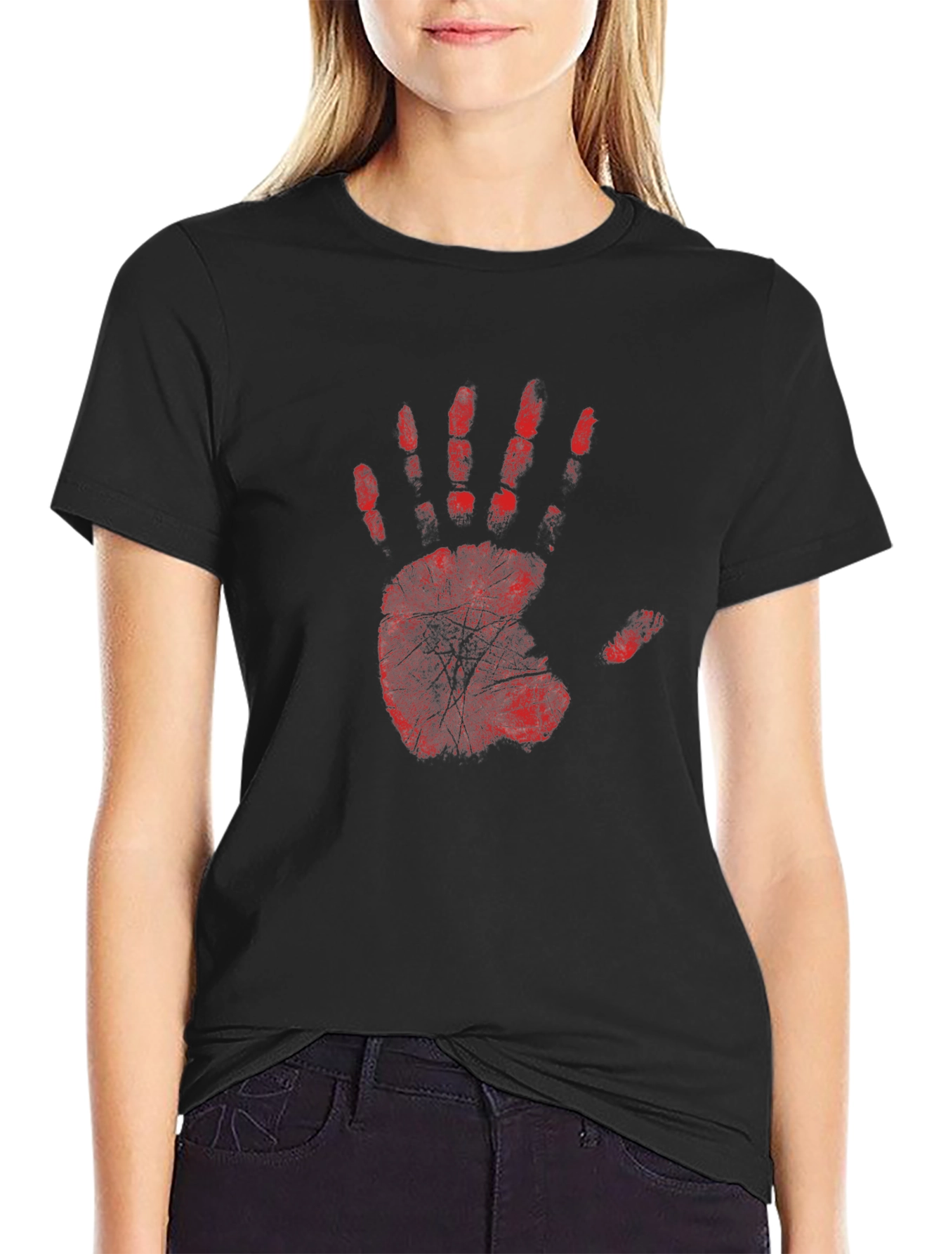Red Handprint Graphic Black T-Shirt