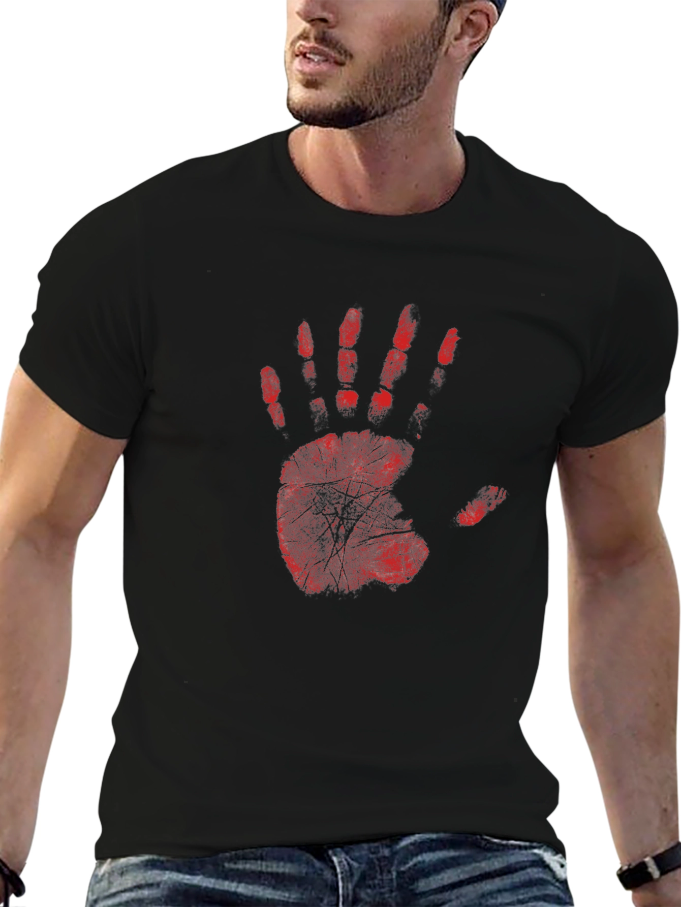 Red Handprint Graphic Black T-Shirt