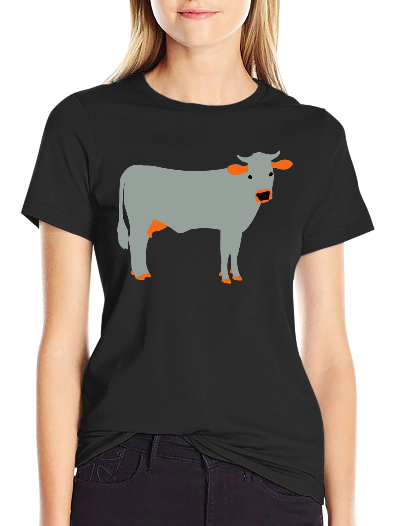 Cow Graphic Tee - Black Cotton Casual T-Shirt