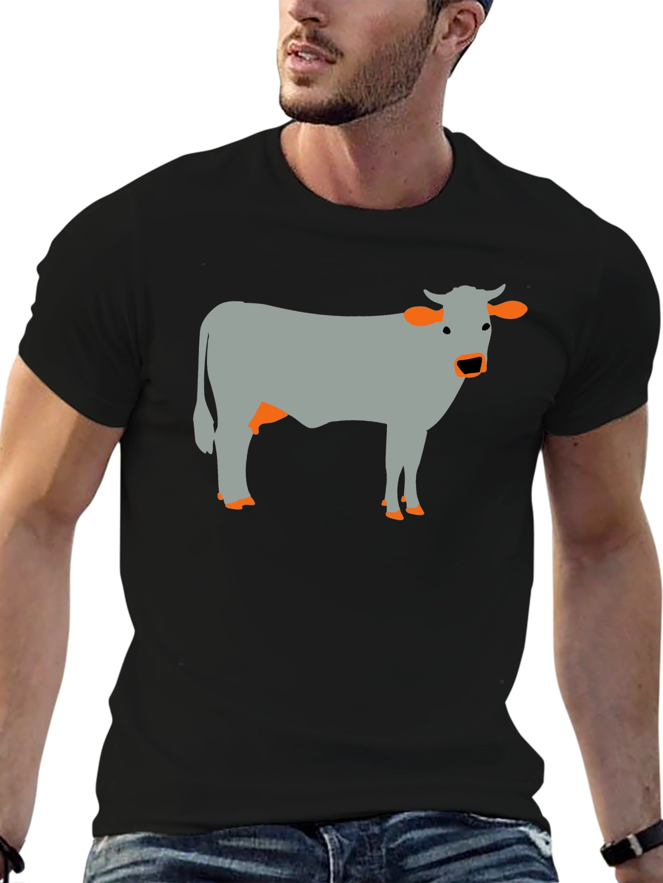 Cow Graphic Tee - Black Cotton Casual T-Shirt