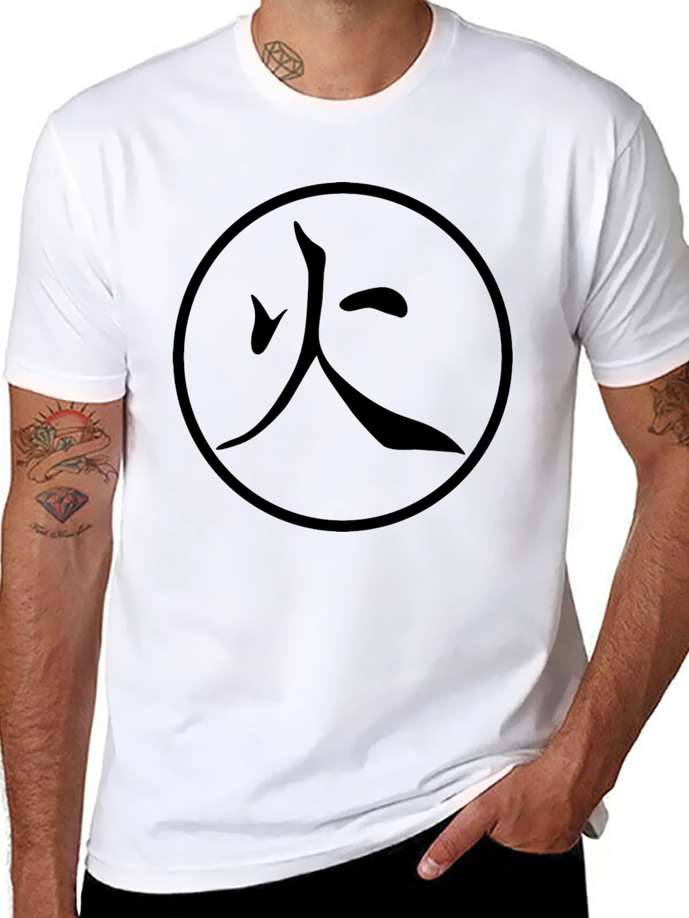 Mens Black T-Shirt with Japanese Fire Symbol Print