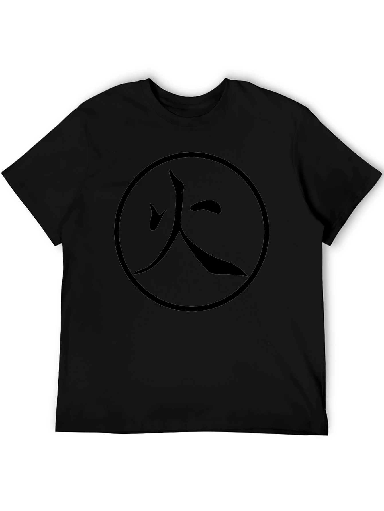 Mens Black T-Shirt with Japanese Fire Symbol Print