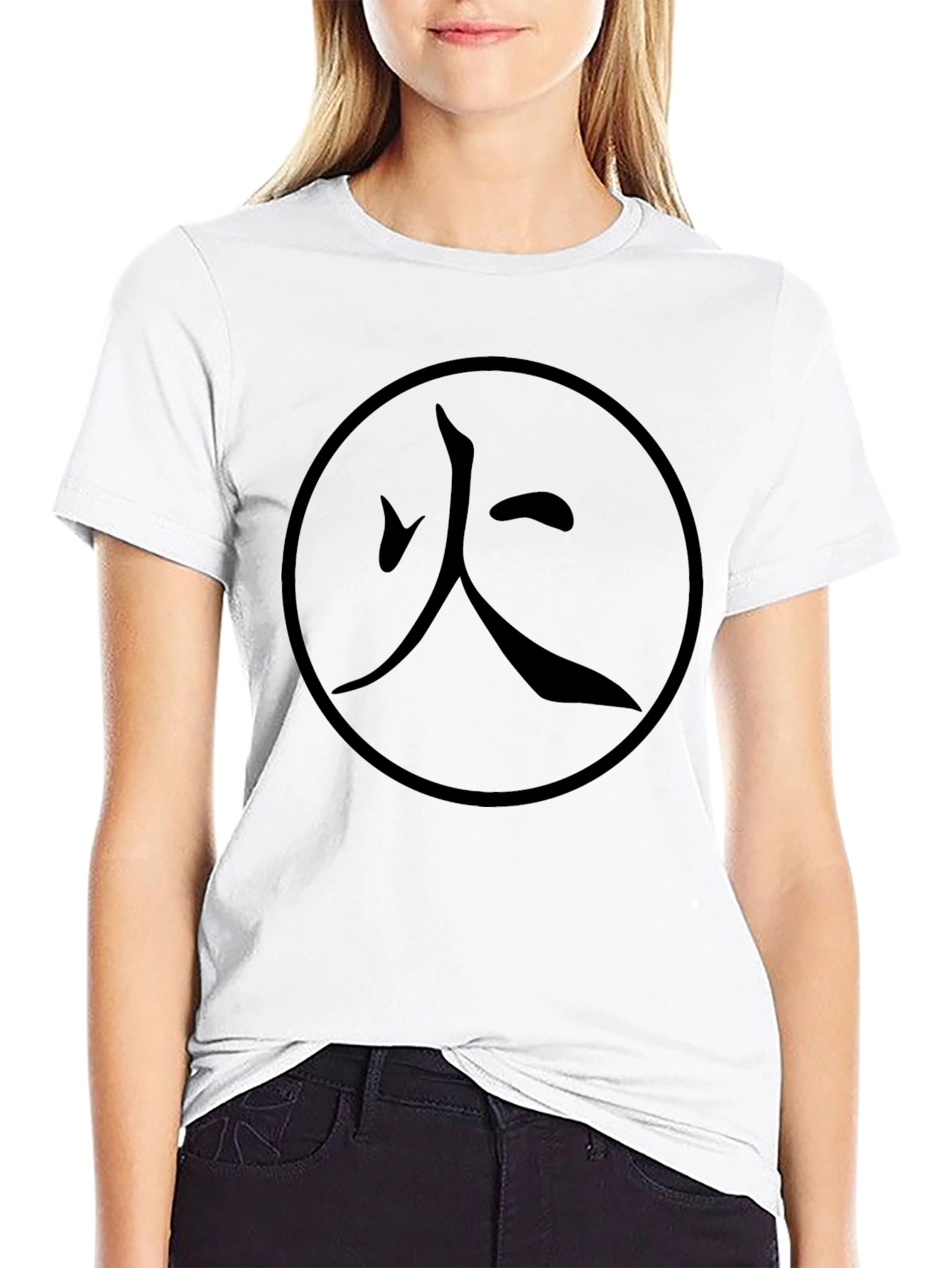 Mens Black T-Shirt with Japanese Fire Symbol Print