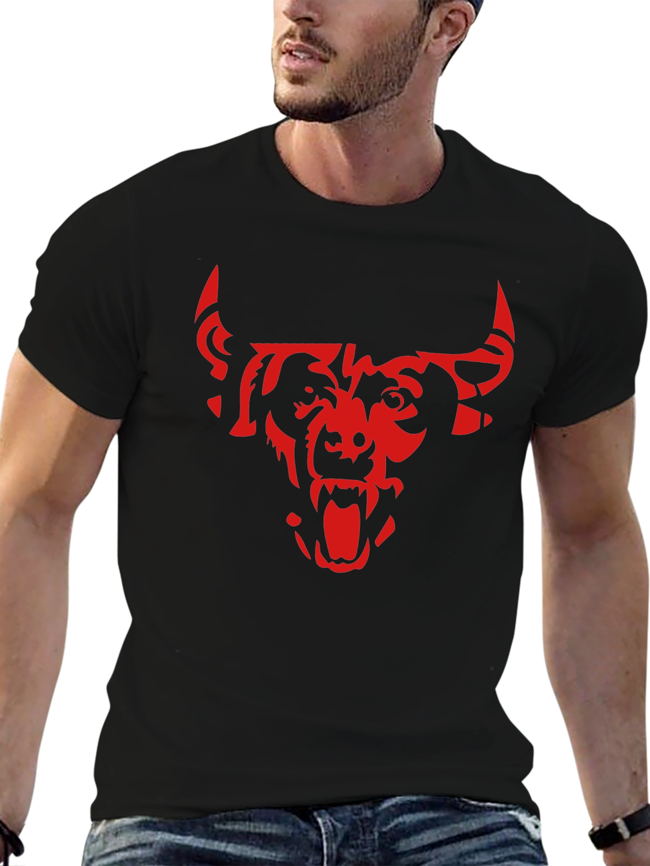 Mens Black T-Shirt with Red Bull Graphic