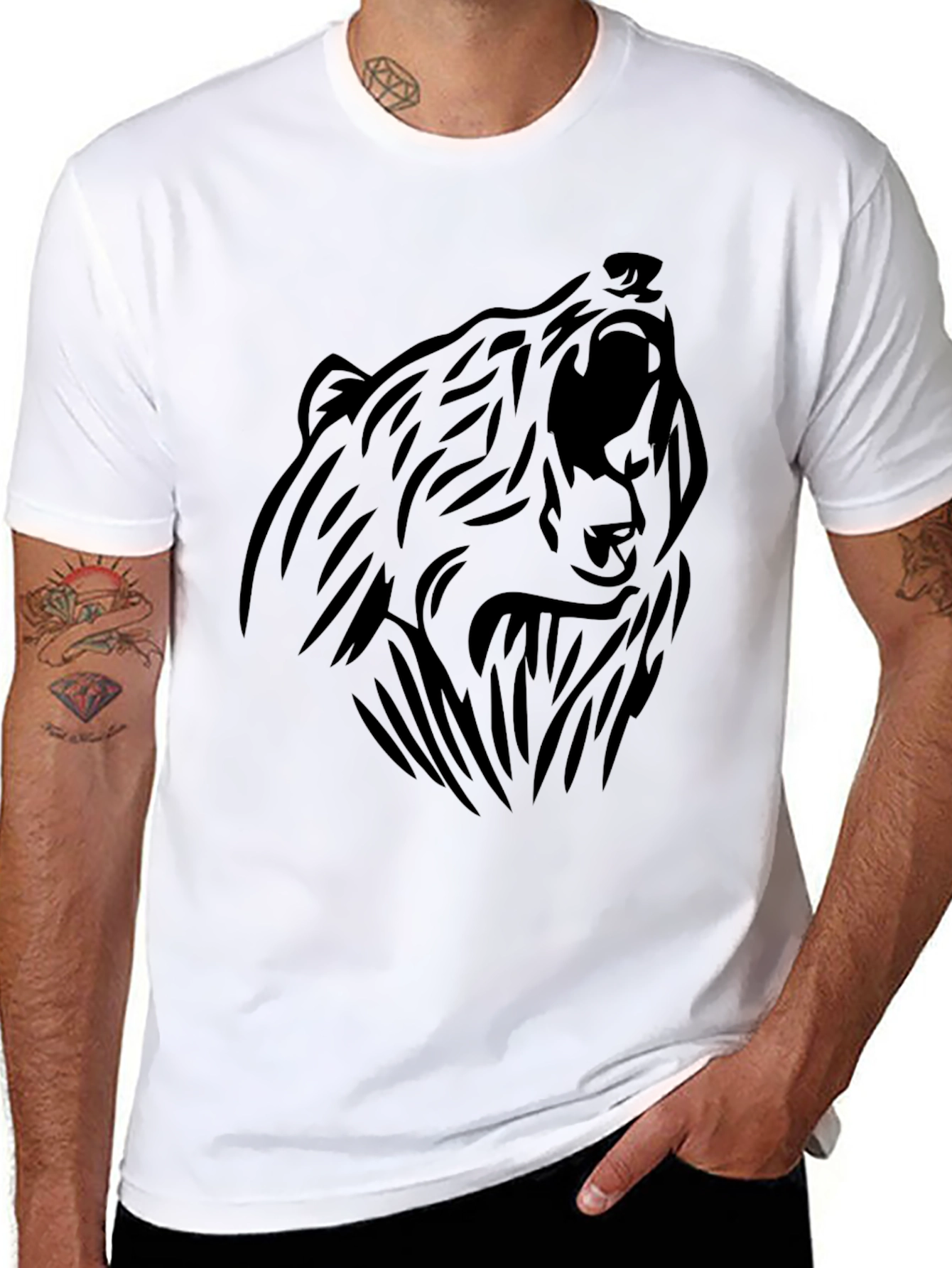 Bear Graphic T-Shirt - Black Tribal Design Tee