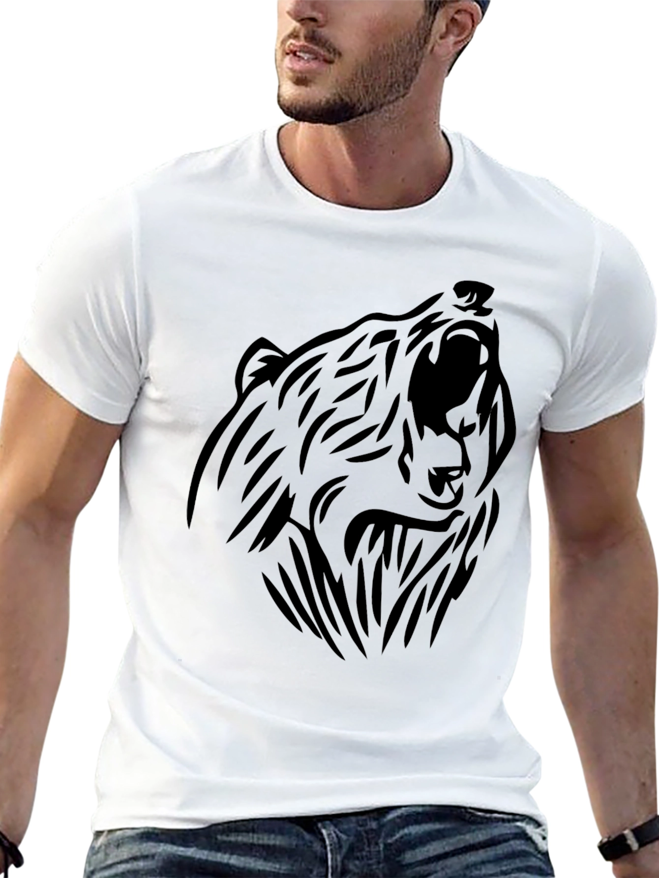 Bear Graphic T-Shirt - Black Tribal Design Tee