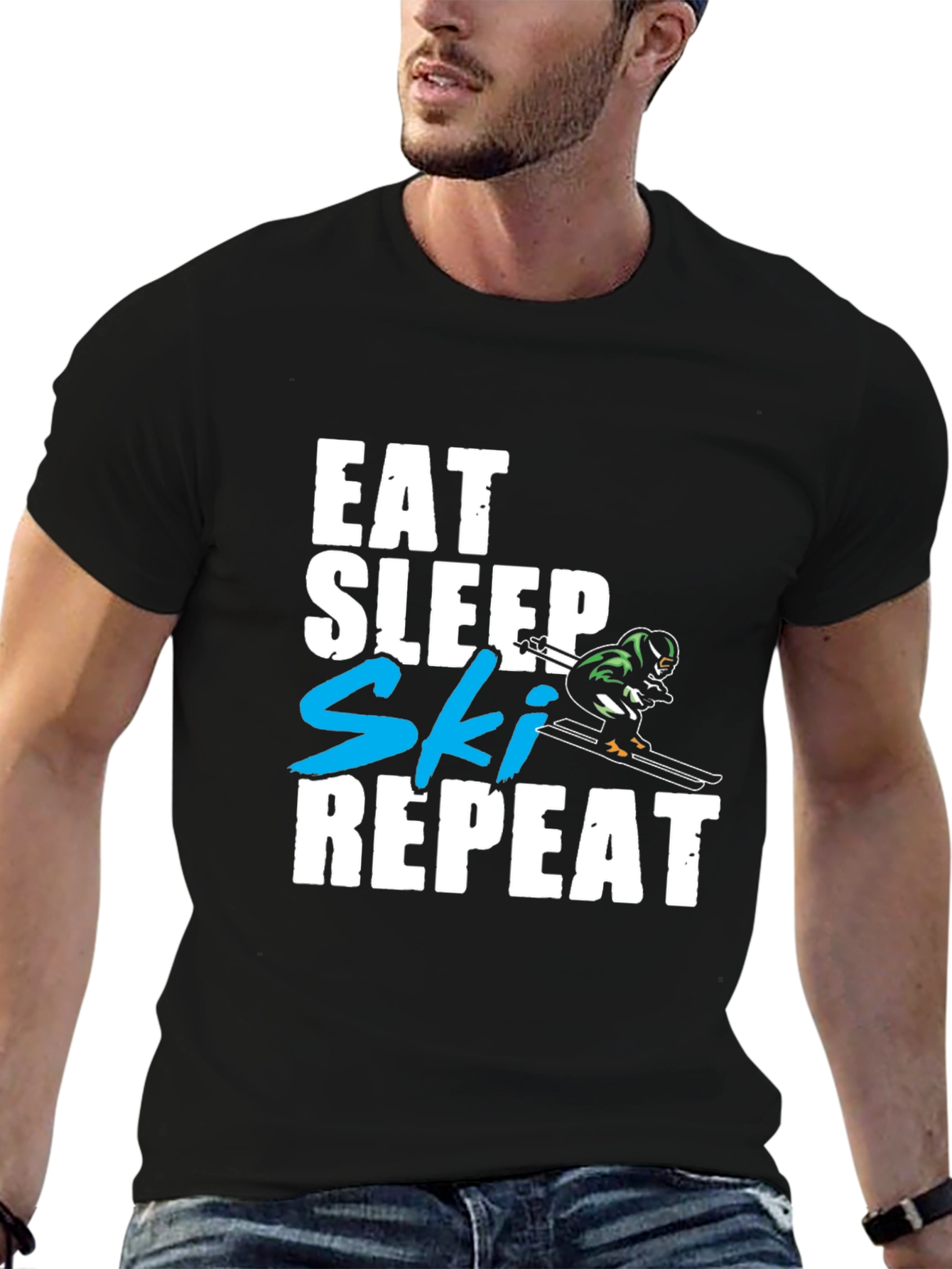 Eat Sleep Ski Repeat Graphic T-Shirt - Black