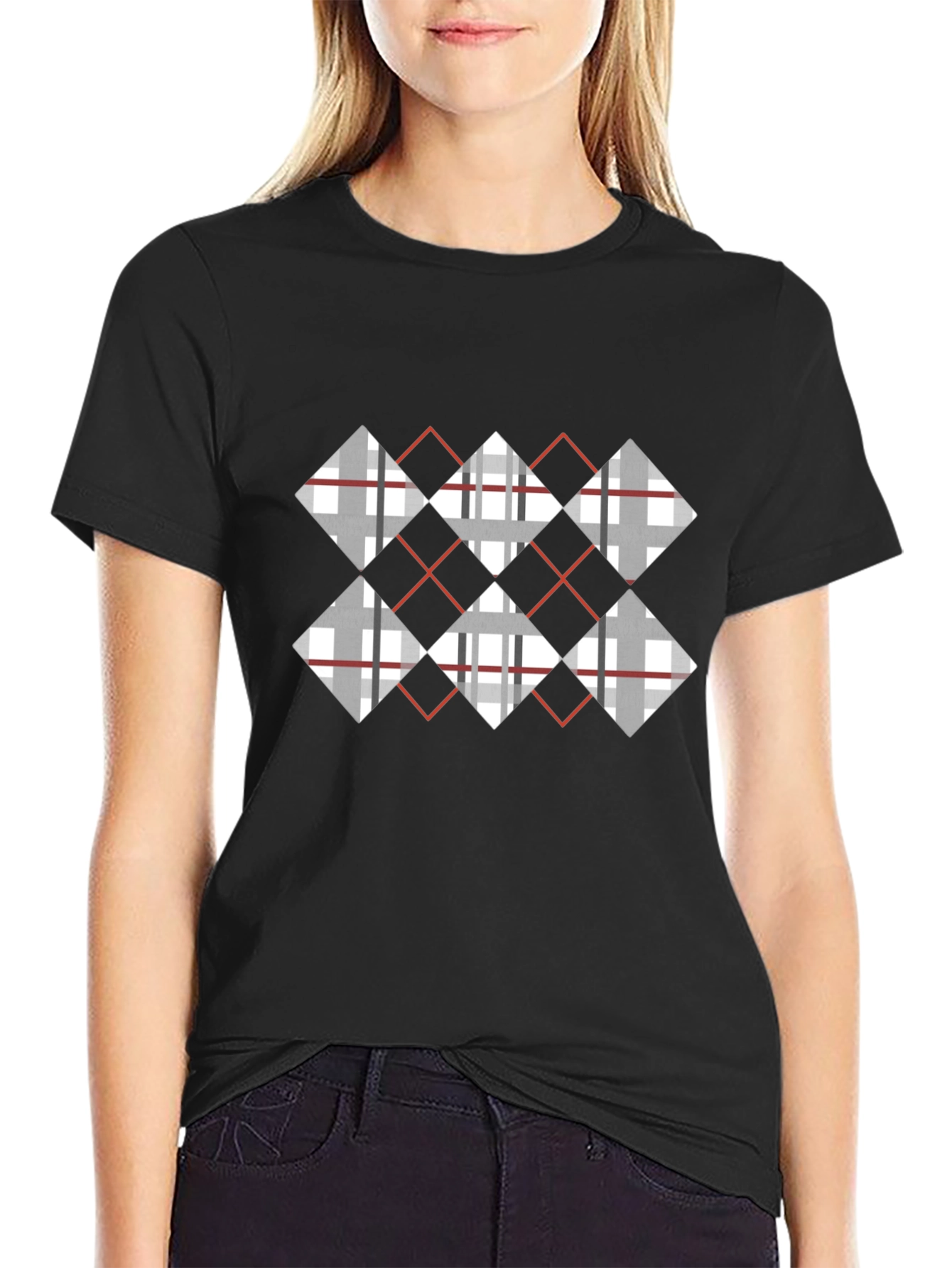 Argyle Diamond Pattern Black T-Shirt