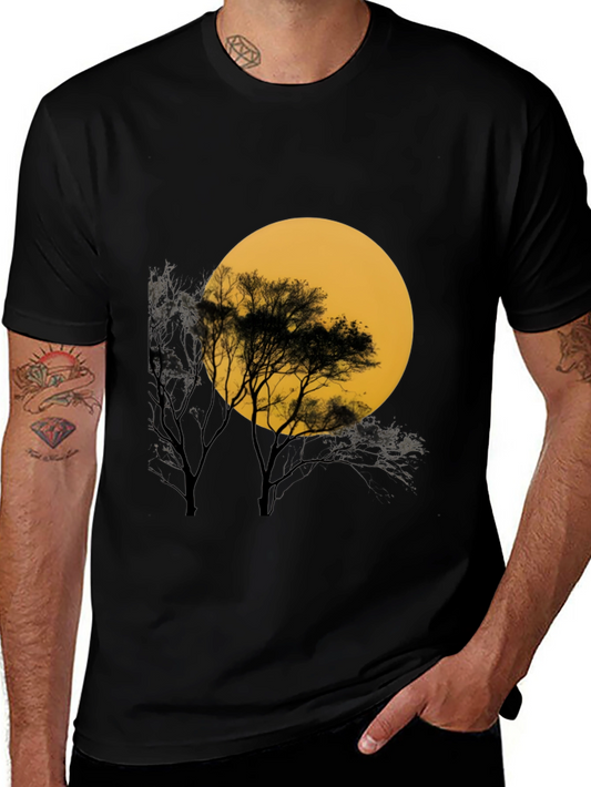 Black T-Shirt with Silhouette Tree & Moon Graphic