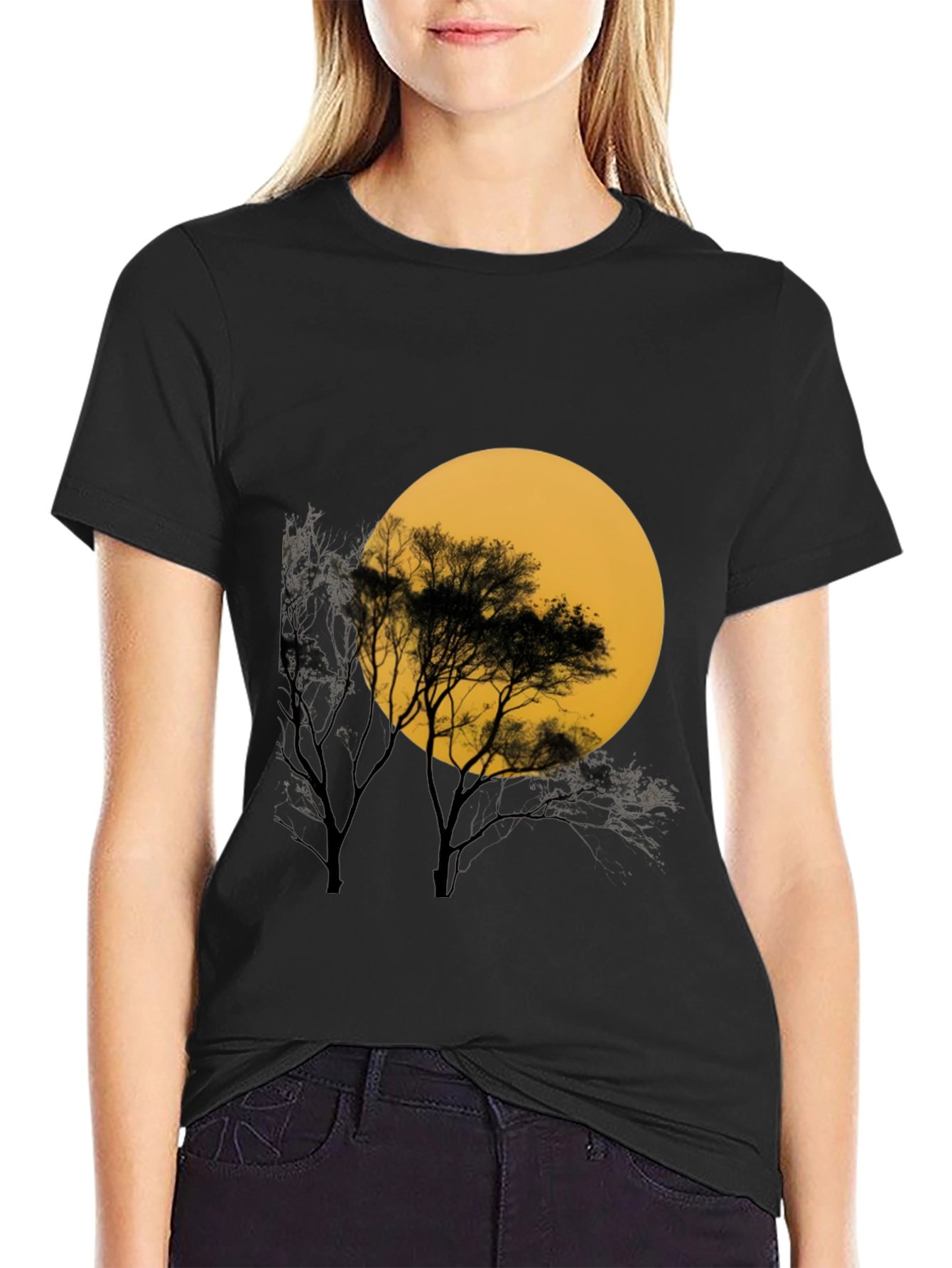 Black T-Shirt with Silhouette Tree & Moon Graphic