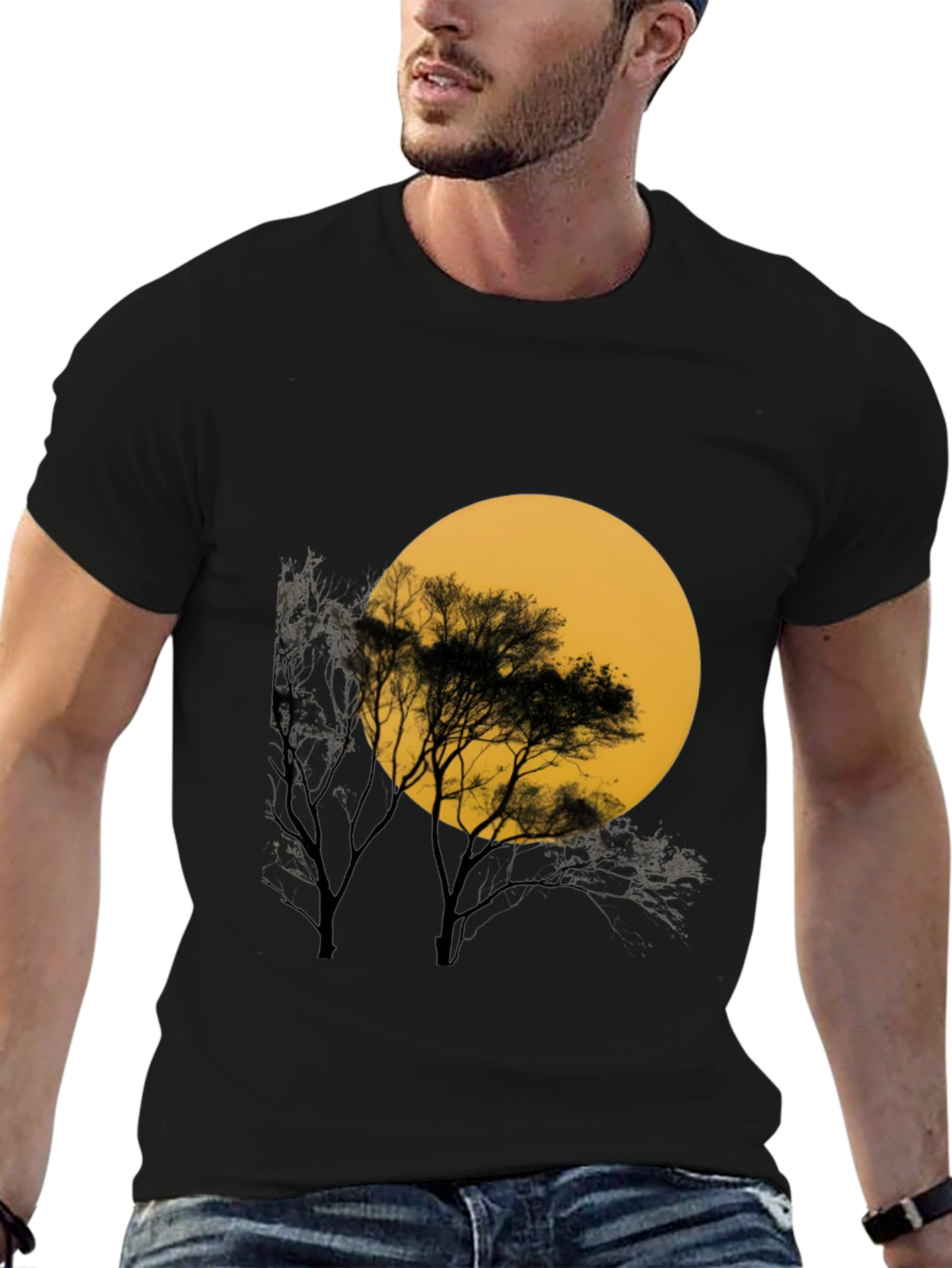 Black T-Shirt with Silhouette Tree & Moon Graphic