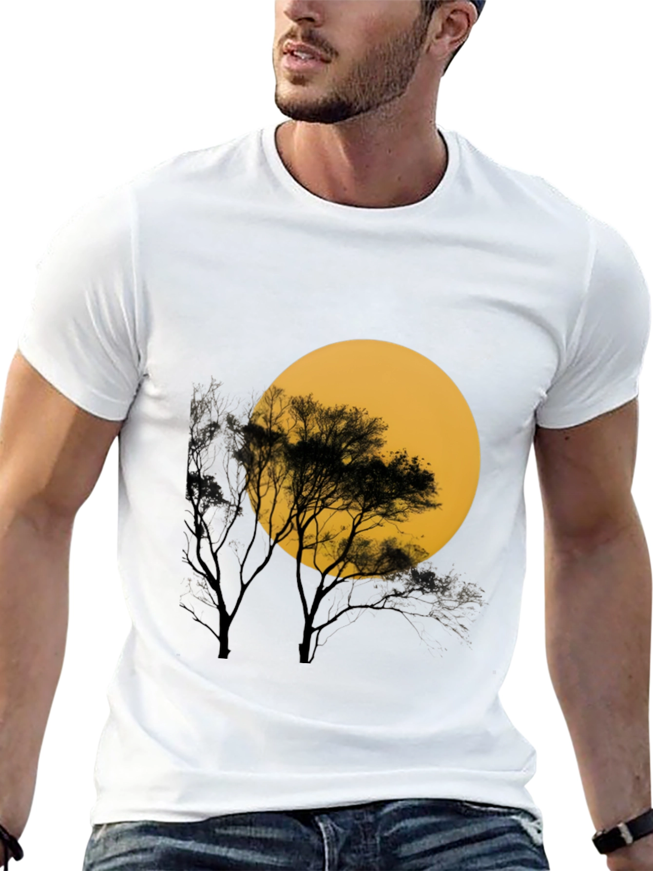 Black T-Shirt with Silhouette Tree & Moon Graphic