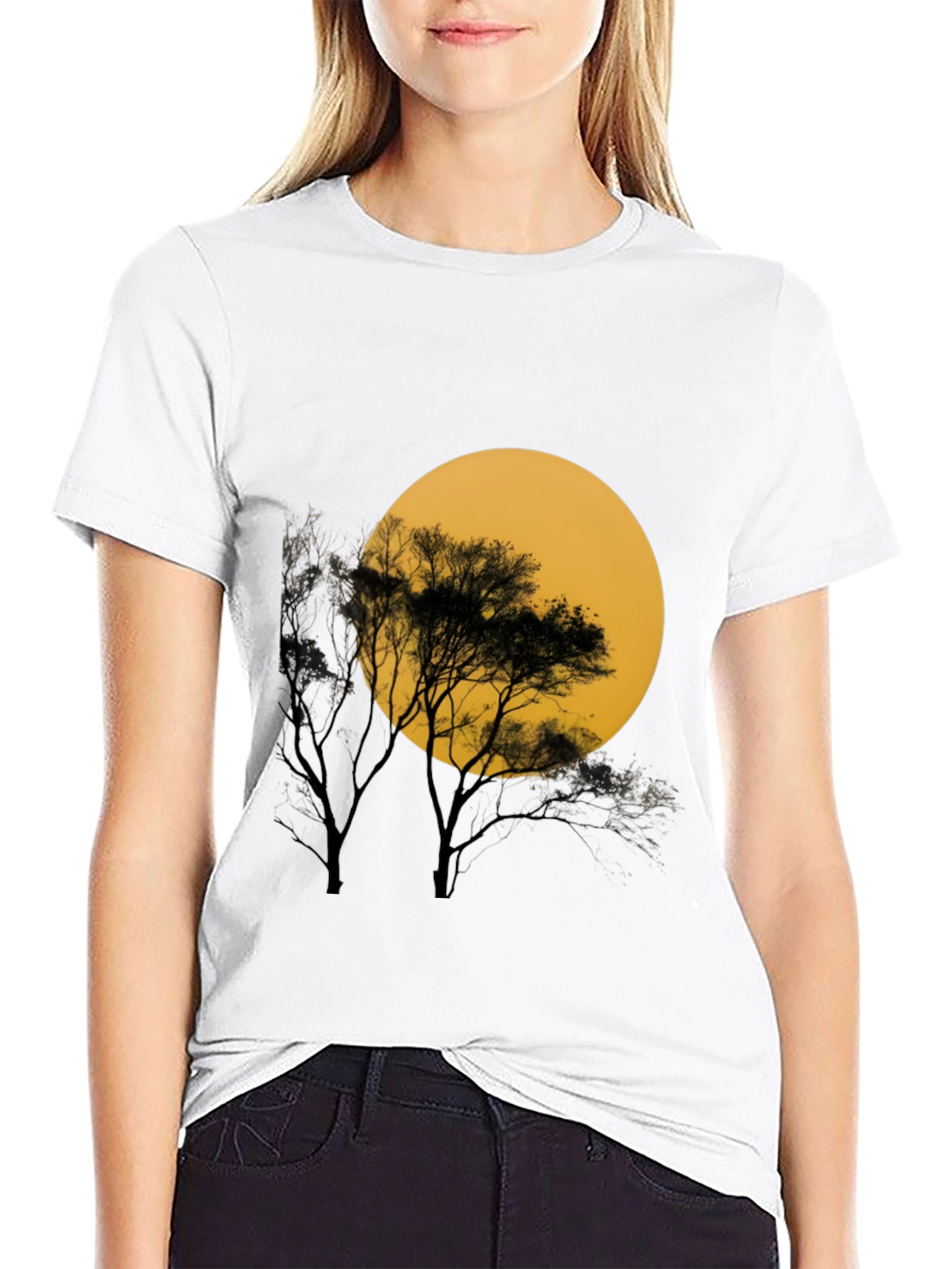 Black T-Shirt with Silhouette Tree & Moon Graphic