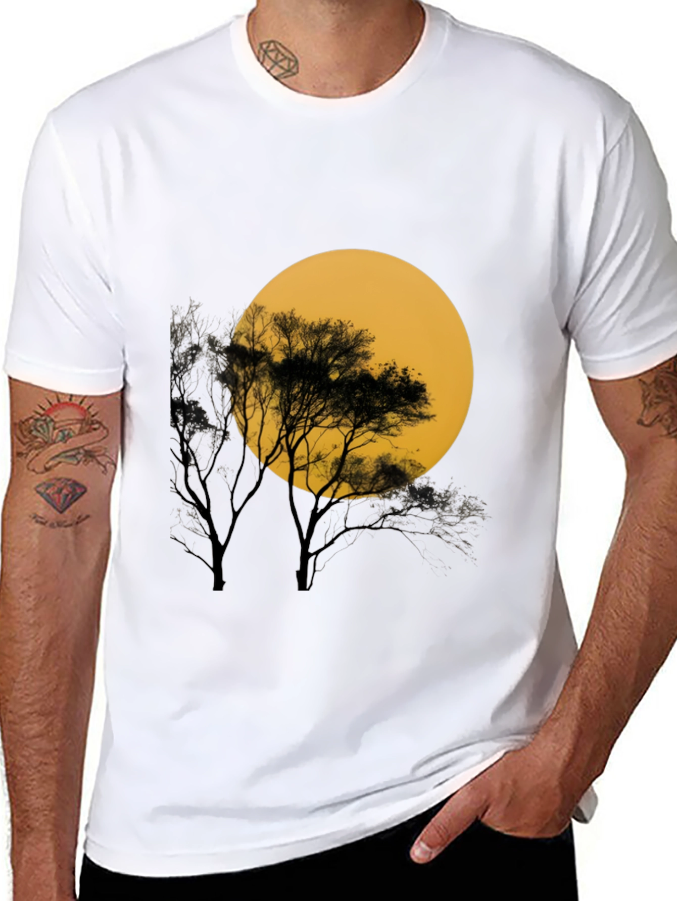 Black T-Shirt with Silhouette Tree & Moon Graphic