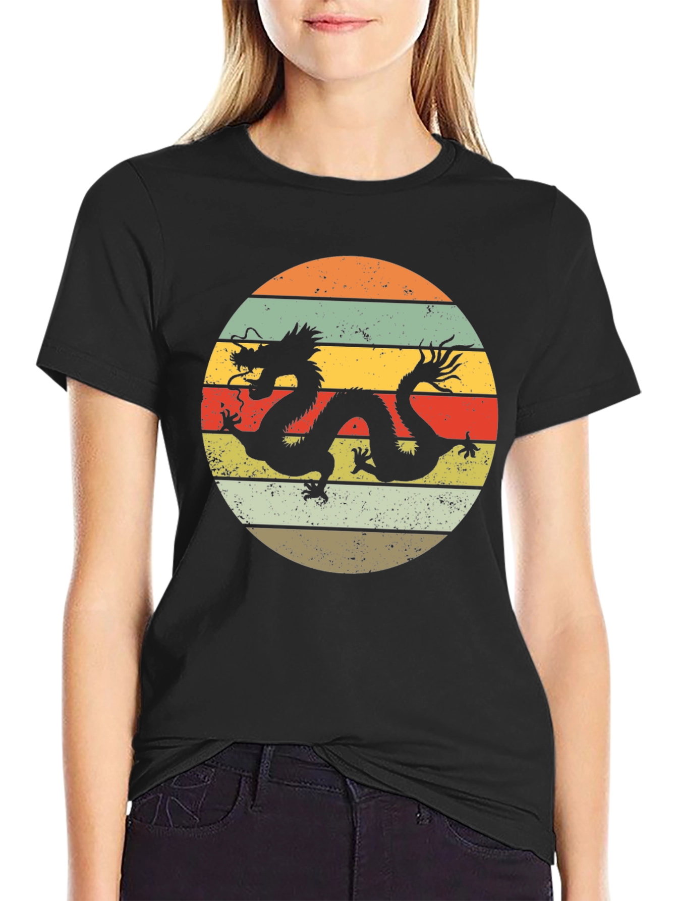 Dragon Circle Graphic Tee - Retro Style Black T-Shirt