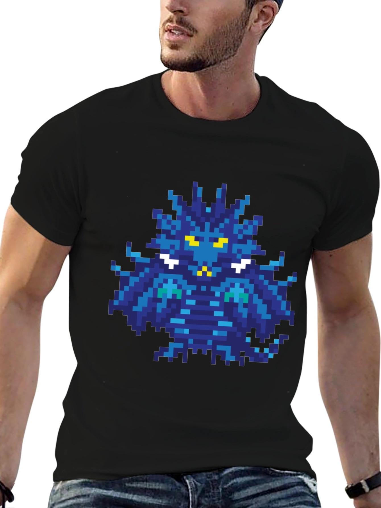 Pixelated Blue Monster Graphic T-Shirt