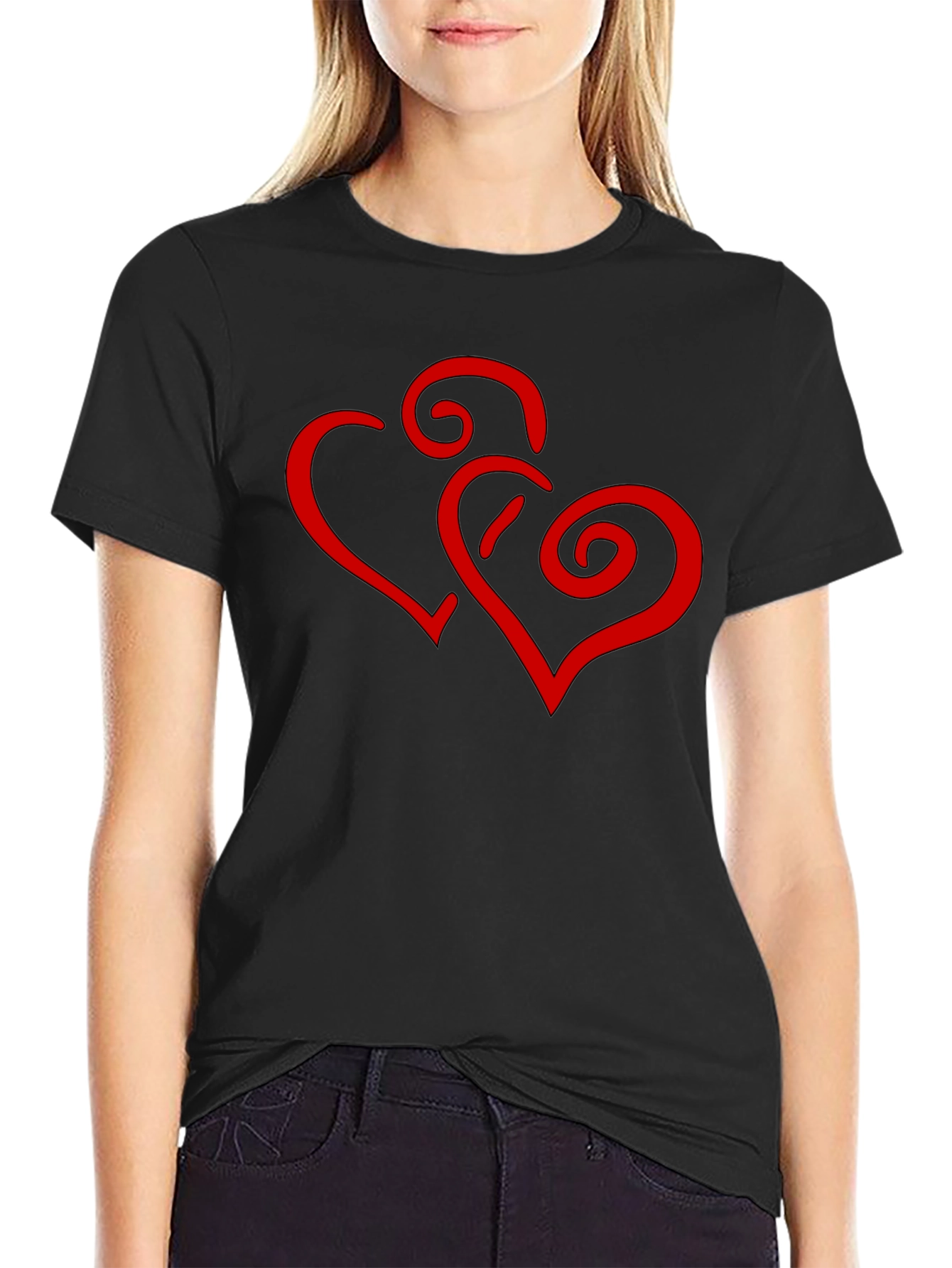 Black T-Shirt with Red Heart Swirl Design
