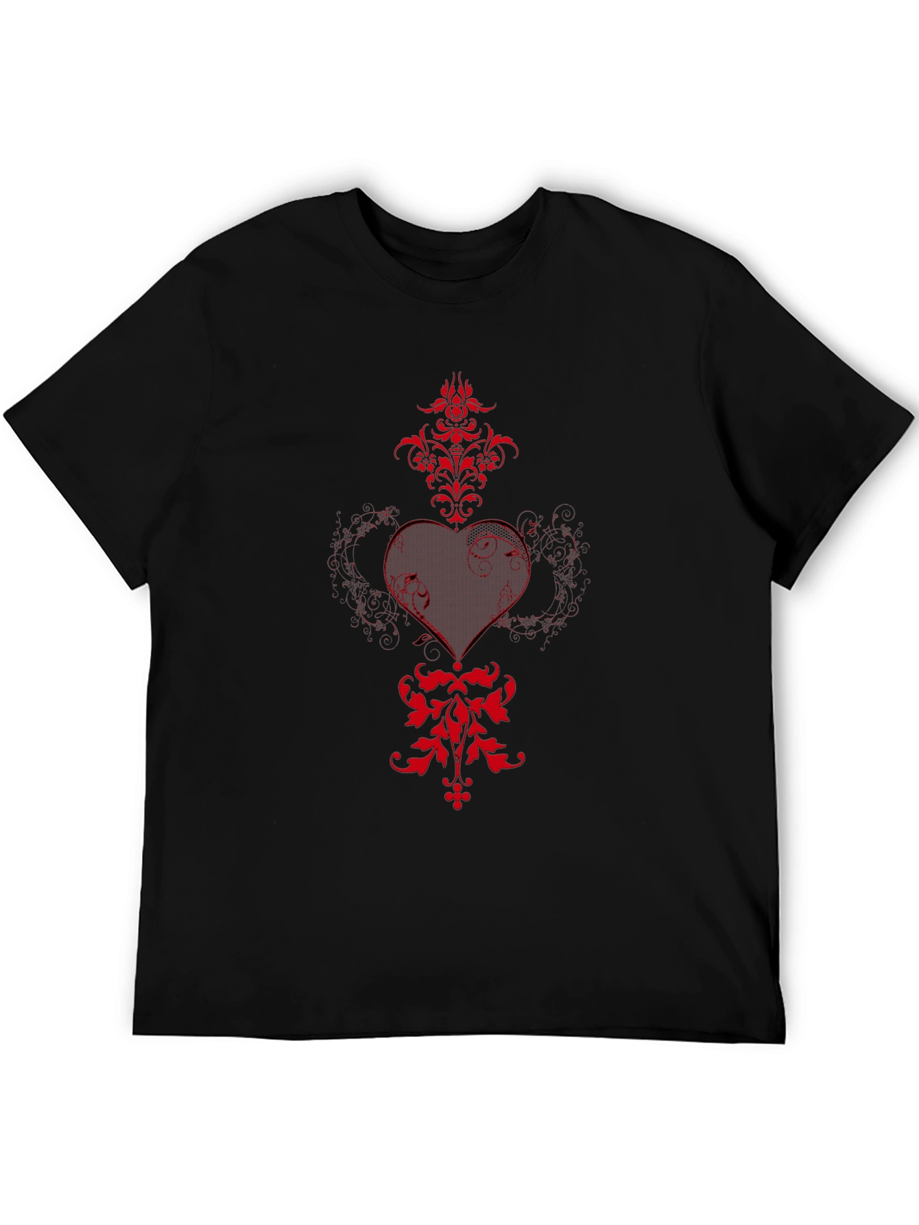 Black T-Shirt with Red Heart and Floral Design