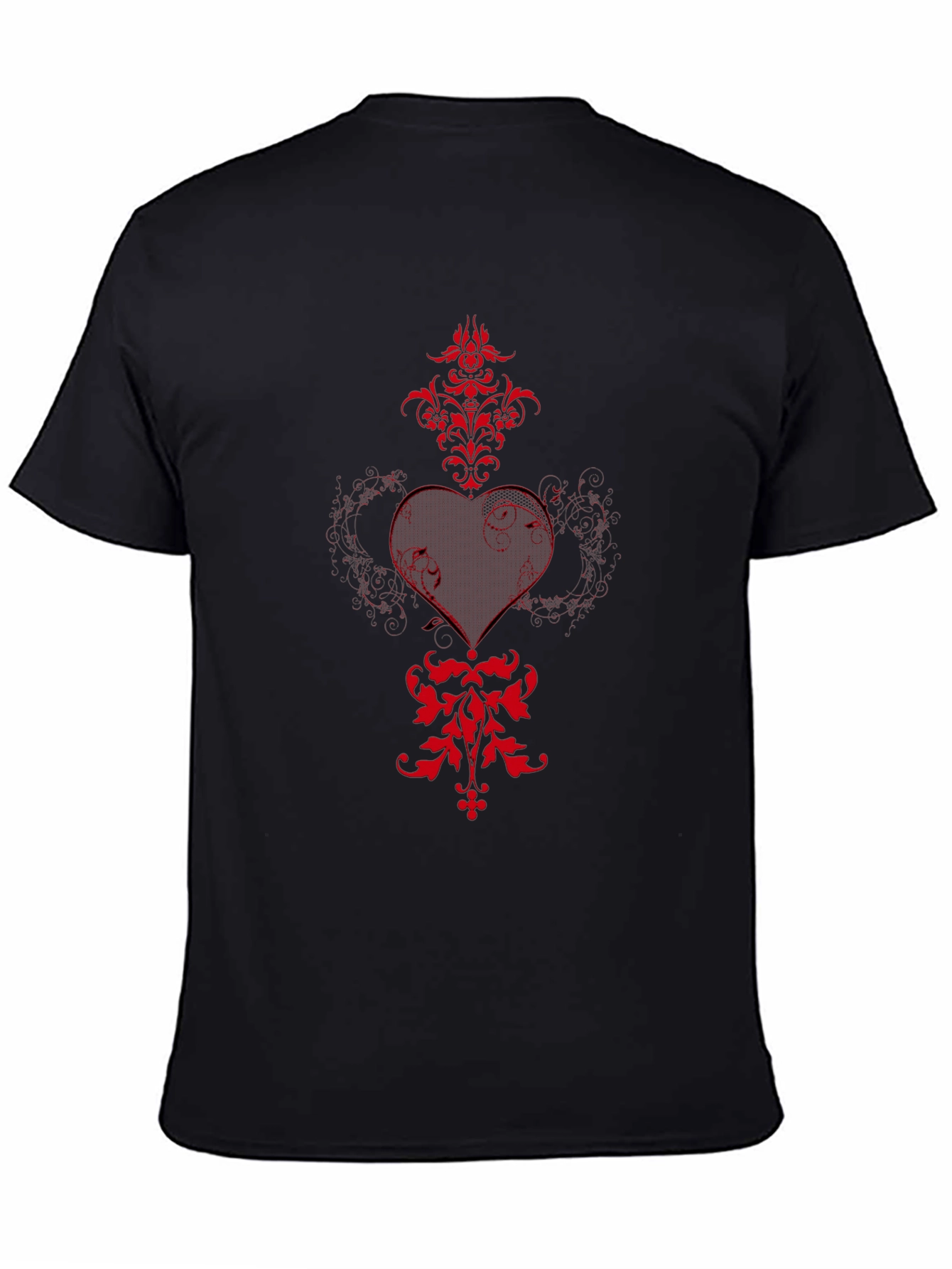 Black T-Shirt with Red Heart and Floral Design